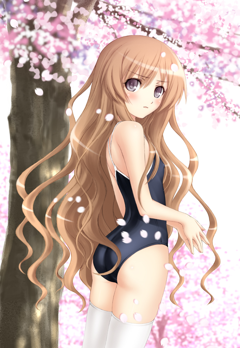 fusataka shikibu, aisaka taiga, toradora!, highres, 00s, 1girl, ass, black one-piece swimsuit, brown eyes, brown hair, cherry blossoms, competition school swimsuit, covered erect nipples, female focus, flat chest, long hair, one-piece swimsuit, petals, school swimsuit, solo, swimsuit, thighhighs, white thighhighs