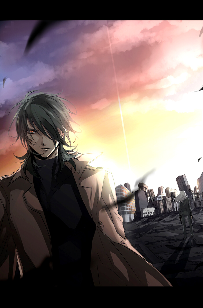 masso, hallelujah haptism, soma peries, gundam, gundam 00, light, bad id, bad pixiv id, 00s, 1boy, 1girl, city, coat, evening, letterboxed, outdoors, red eyes, ruins, sky