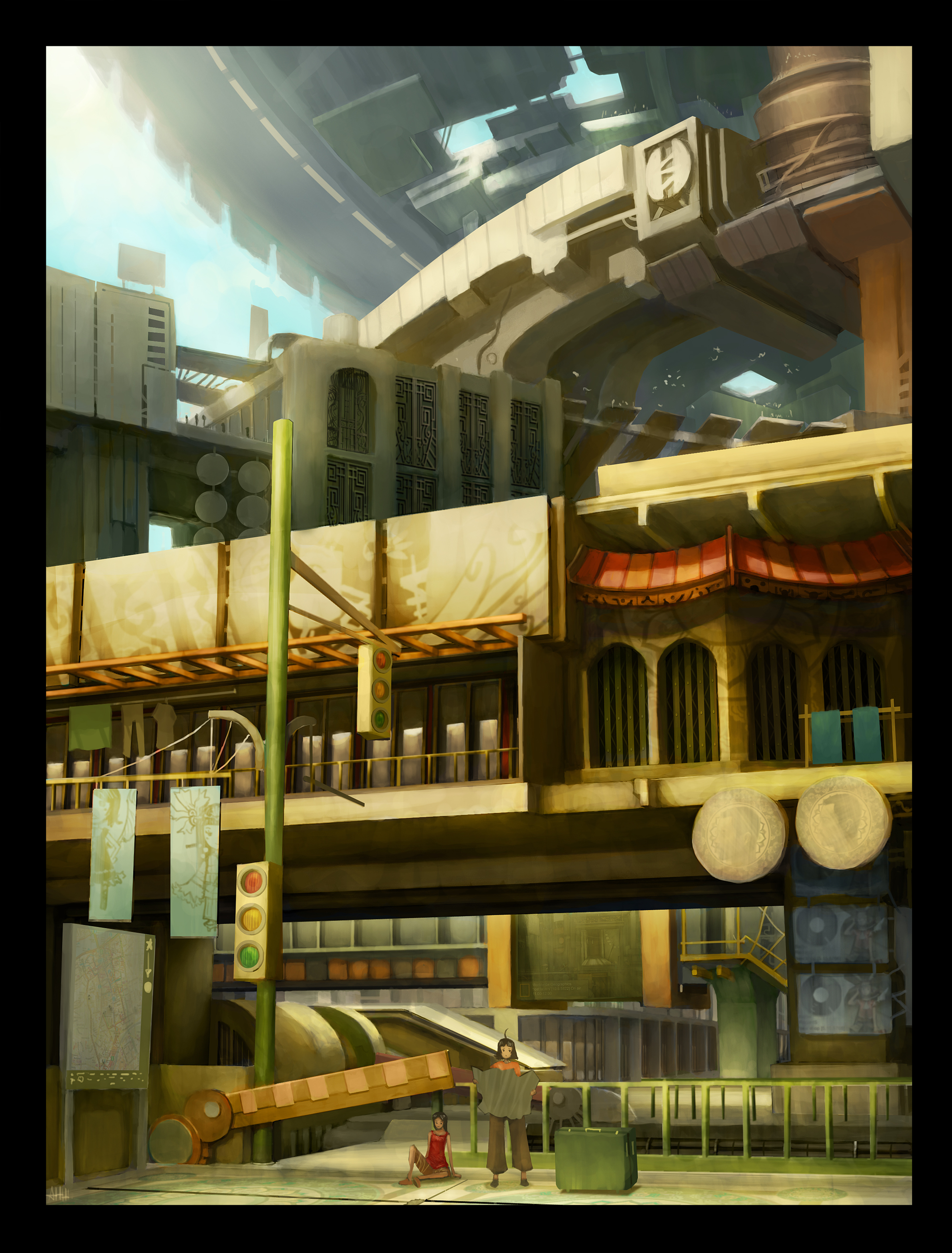 ahw, v11, absurdres, highres, 2girls, bridge, city, map, multiple girls, road, scenery, sitting, street, traffic light