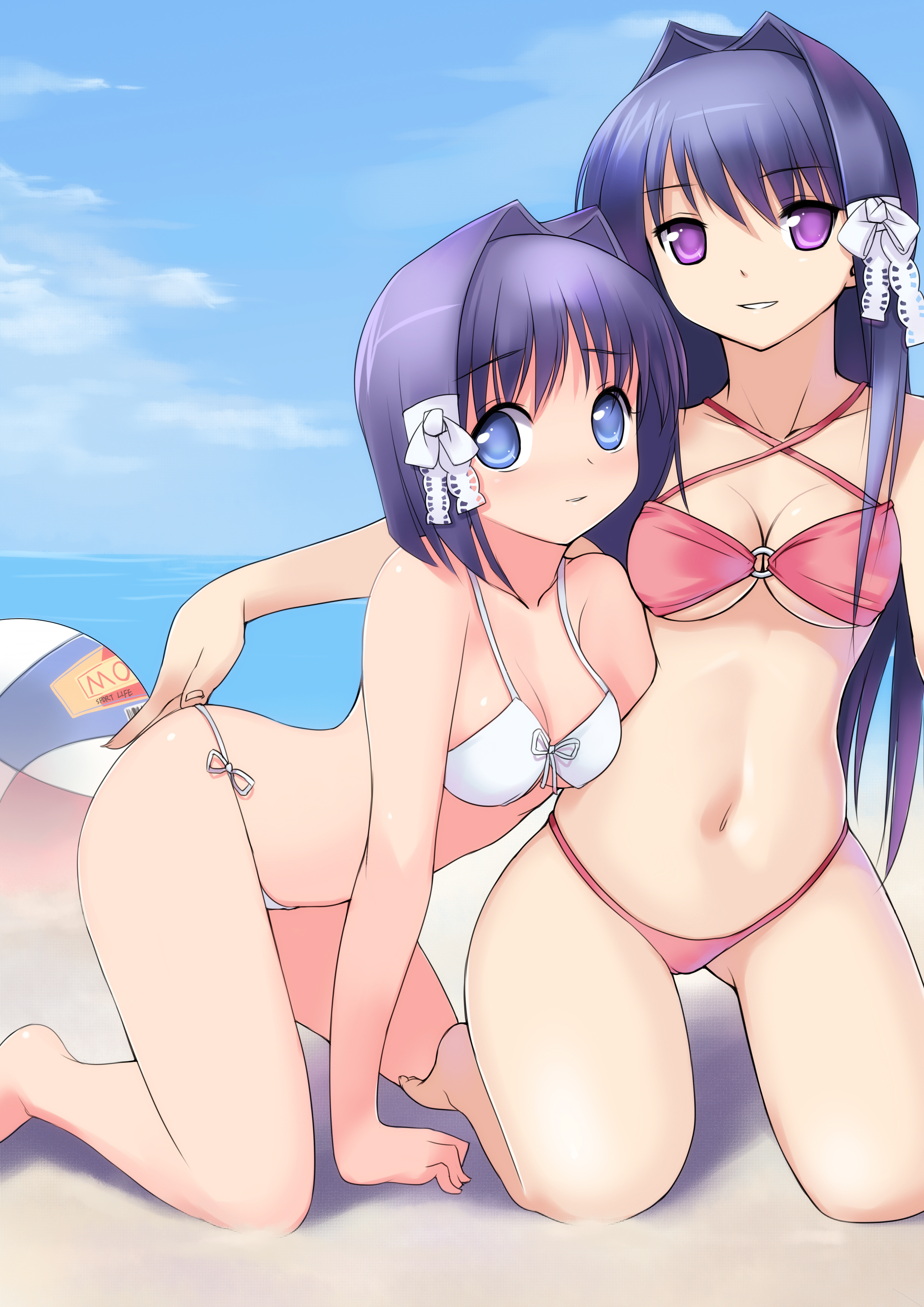 yykuaixian, fujibayashi kyou, fujibayashi ryou, clannad, absurdres, bad id, bad pixiv id, highres, 00s, 2girls, bare shoulders, barefoot, bikini, blue eyes, criss-cross halter, day, front-tie top, hair intakes, hair ribbon, halterneck, long hair, multiple girls, navel, o-ring, o-ring top, purple eyes, purple hair, ribbon, short hair, siblings, side-tie bikini bottom, sisters, smile, string bikini, swimsuit, twins