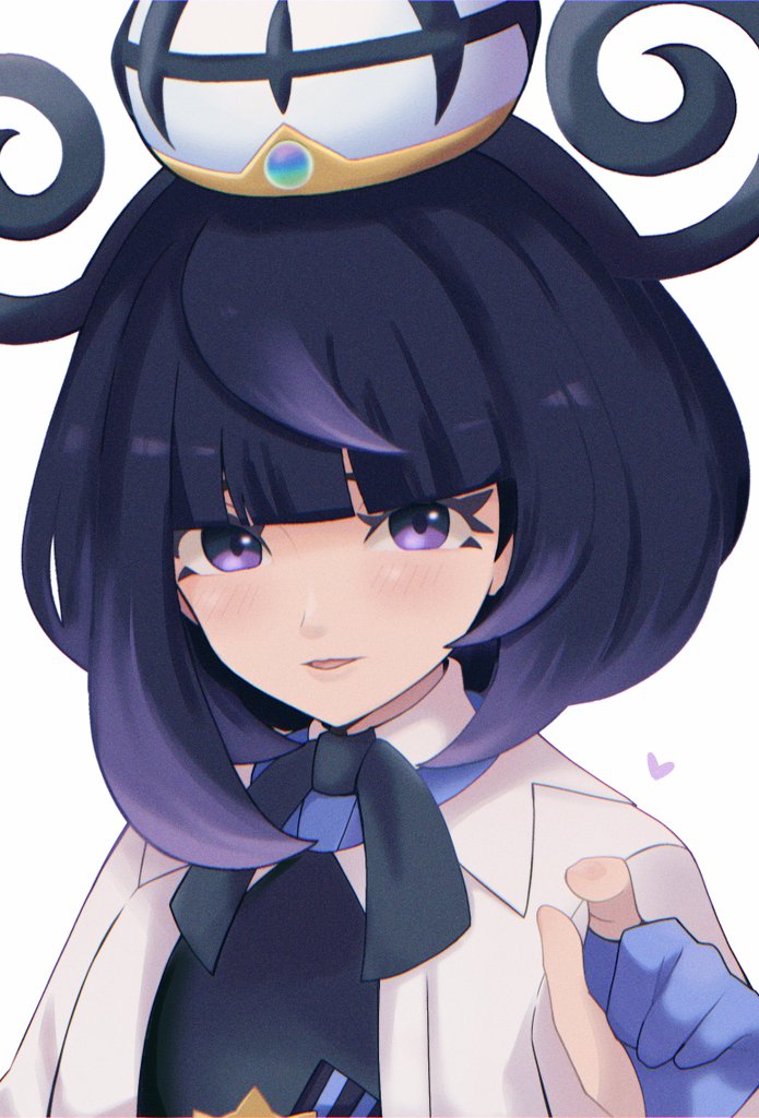 nakikot t, gwynn (pokemon), nintendo, pokemon, pokemon legends: z-a, bad id, bad twitter id, commentary request, 1girl, black bow, black bowtie, black hair, black shirt, blunt bangs, bow, bowtie, gloves, hand up, hat, heart, jacket, looking at viewer, open clothes, open jacket, open mouth, partially fingerless gloves, purple eyes, shirt, simple background, solo, upper body, white background, white jacket