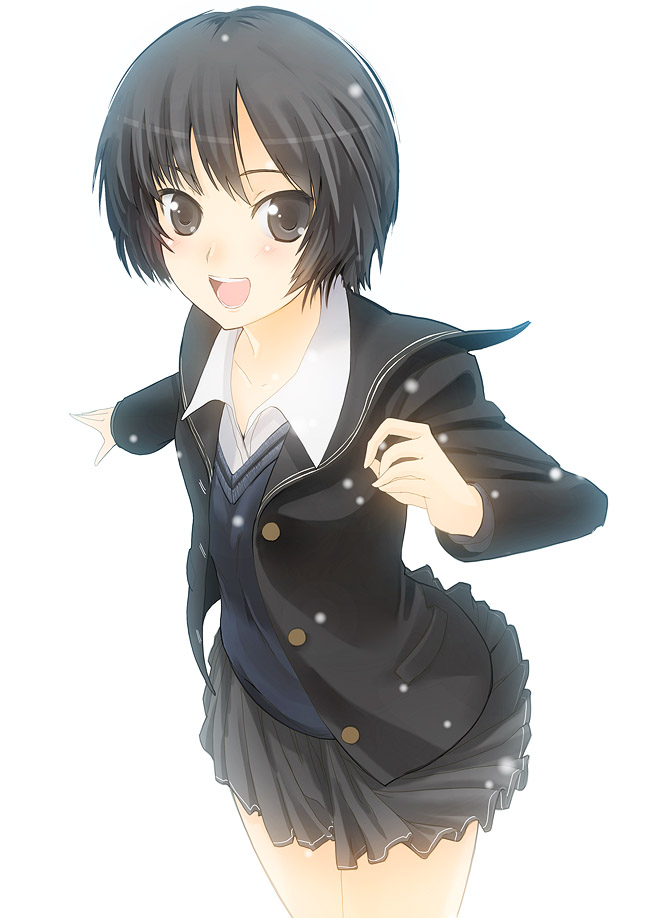 yakepu, nanasaki ai, amagami, bad id, bad pixiv id, black eyes, black hair, blazer, jacket, laughing, miniskirt, pleated skirt, school uniform, short hair, skirt, smile, solo, sweater, sweater vest, vest