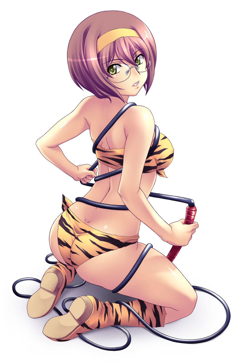 nagayori, baba tsutsuji, sora wo kakeru shoujo, highres, 00s, 1girl, animal print, ass, bandeau, bikini, boots, brown hair, entangled, female focus, glasses, green eyes, hairband, knee boots, kneeling, looking back, parted lips, shiny skin, short hair, solo, swimsuit, tiger print, whip, yellow bikini
