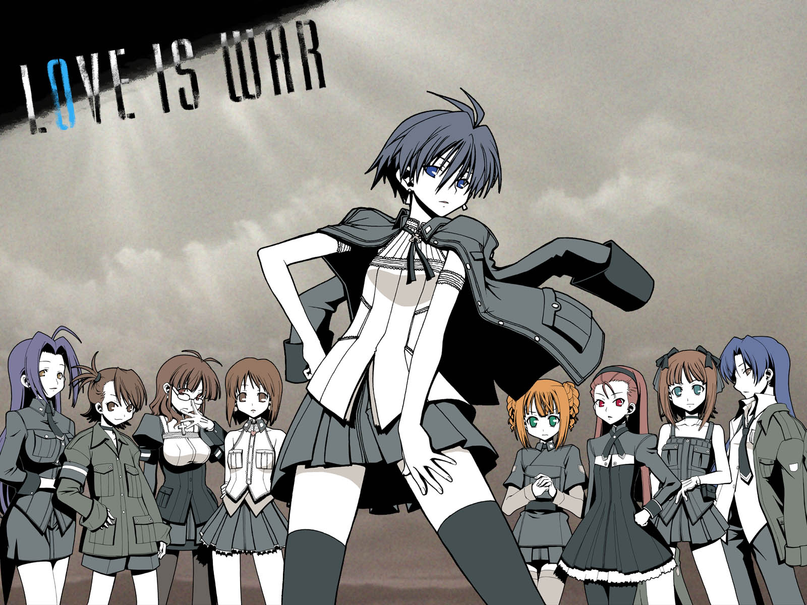 kikujin, akizuki ritsuko, amami haruka, futami ami, hagiwara yukiho, kikuchi makoto, kisaragi chihaya, minase iori, miura azusa, takatsuki yayoi, idolmaster, idolmaster (classic), idolmaster 1, koi wa sensou (vocaloid), vocaloid, highres, 00s, 6+girls, adjusting eyewear, ahoge, alternate hairstyle, antenna hair, blouse, blue hair, brown eyes, brown hair, cross, dress, female focus, glasses, green eyes, hair ribbon, hairband, hand on own hip, hip focus, jacket, jacket on shoulders, long hair, military, military uniform, multiple girls, necktie, pantyhose, red eyes, ribbon, shirt, short hair, skirt, thighhighs