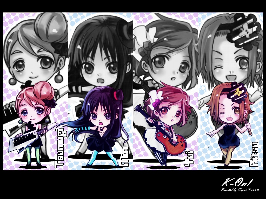 mf, mf (mizukif), akiyama mio, hirasawa yui, kotobuki tsumugi, tainaka ritsu, don't say "lazy", k-on!, striped legwear, vertical-striped legwear, 00s, 4girls, blunt bangs, chibi, electric guitar, gibson les paul, guitar, hat, hime cut, ho-kago tea time, instrument, keytar, mini hat, mini top hat, multiple girls, pantyhose, striped clothes, striped pantyhose, top hat, vertical-striped clothes, vertical-striped pantyhose