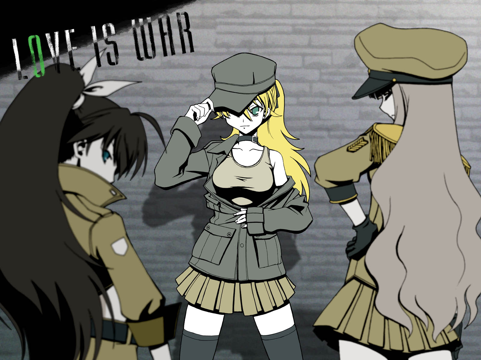 kikujin, 961 production, ganaha hibiki, hoshii miki, shijou takane, idolmaster, idolmaster (classic), idolmaster 1, idolmaster sp, koi wa sensou (vocaloid), vocaloid, silver hair, highres, 00s, 3girls, black hair, blonde hair, gloves, hat, jacket, long hair, military, military uniform, multiple girls, ponytail, skirt, tank top, thighhighs