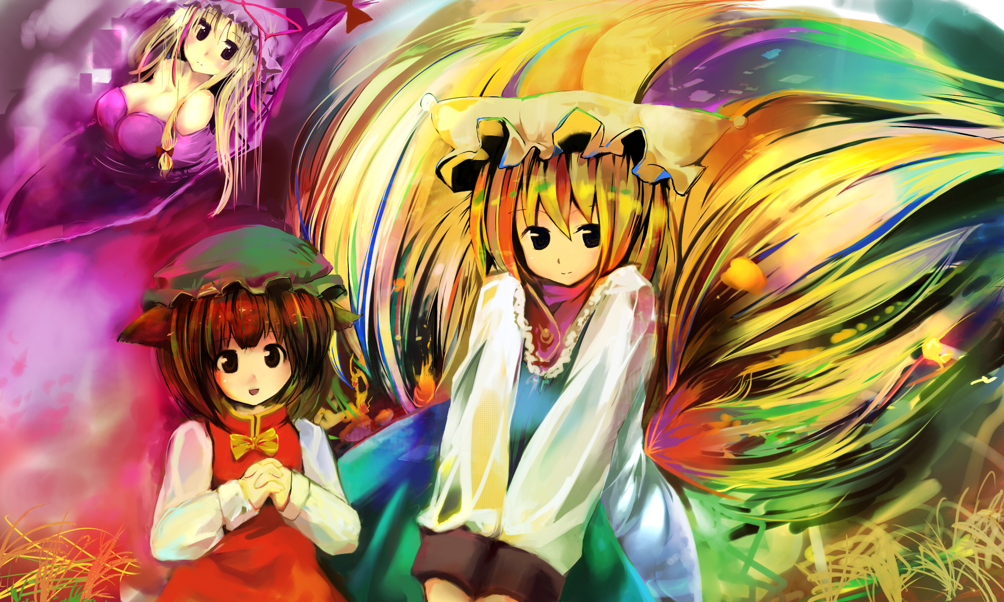 kukumu, chen, yakumo ran, yakumo yukari, touhou, bad id, bad pixiv id, highres, 3girls, animal ears, animal hat, blonde hair, blush, brown hair, cat ears, cat girl, dress, female focus, frills, gap (touhou), hat, hat ribbon, long sleeves, looking at viewer, mob cap, multiple girls, own hands together, red dress, ribbon, short hair, tabard, tareme, wide sleeves