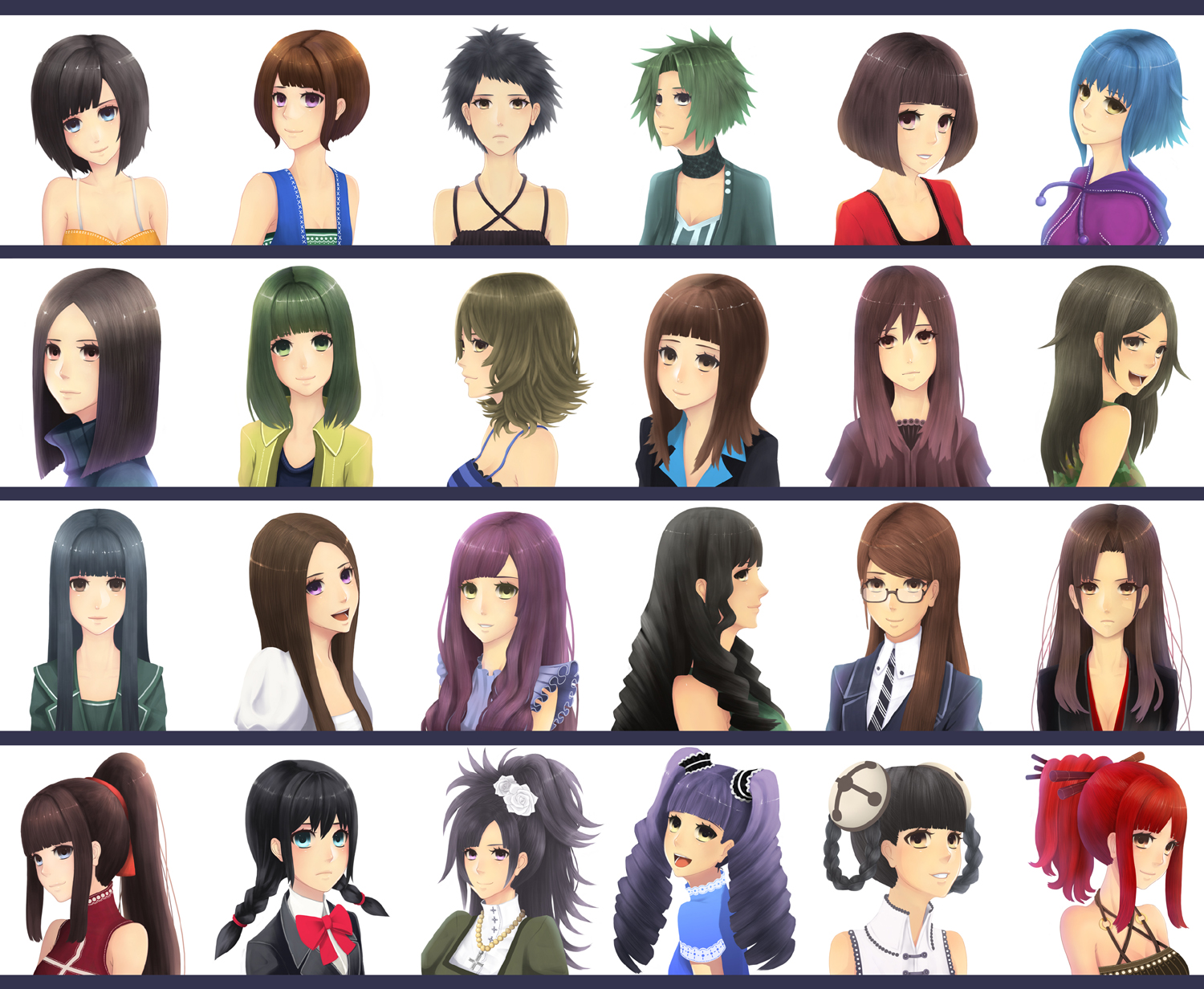 sakimori (hououbds), original, highres, 6+girls, black hair, blue hair, bob cut, braid, brown hair, green hair, long hair, multiple girls, ponytail, purple hair, red hair, short hair, twin braids, twintails