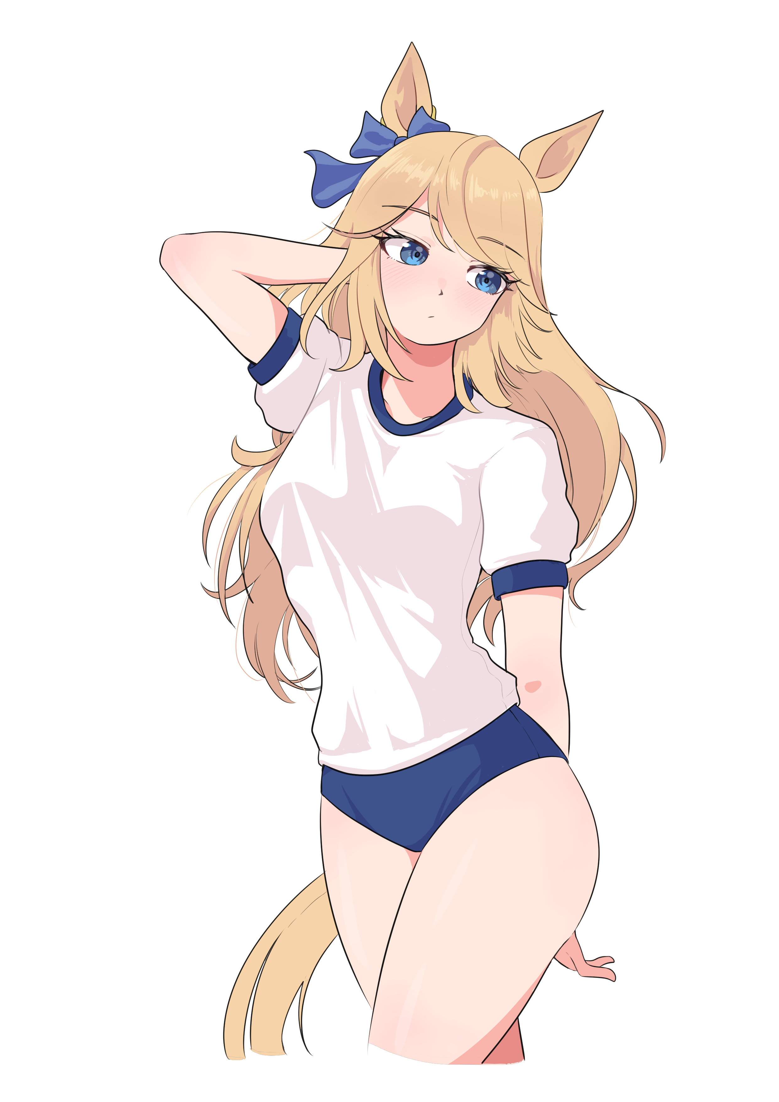 blackuma, gold city (umamusume), umamusume, absurdres, commentary, highres, 1girl, animal ears, blonde hair, blue bow, blue buruma, blue eyes, bow, buruma, closed mouth, ear bow, ear ornament, horse ears, horse girl, horse tail, long hair, looking to the side, original race uniform (umamusume), shirt, short sleeves, simple background, solo, tail, thighs, white background, white shirt