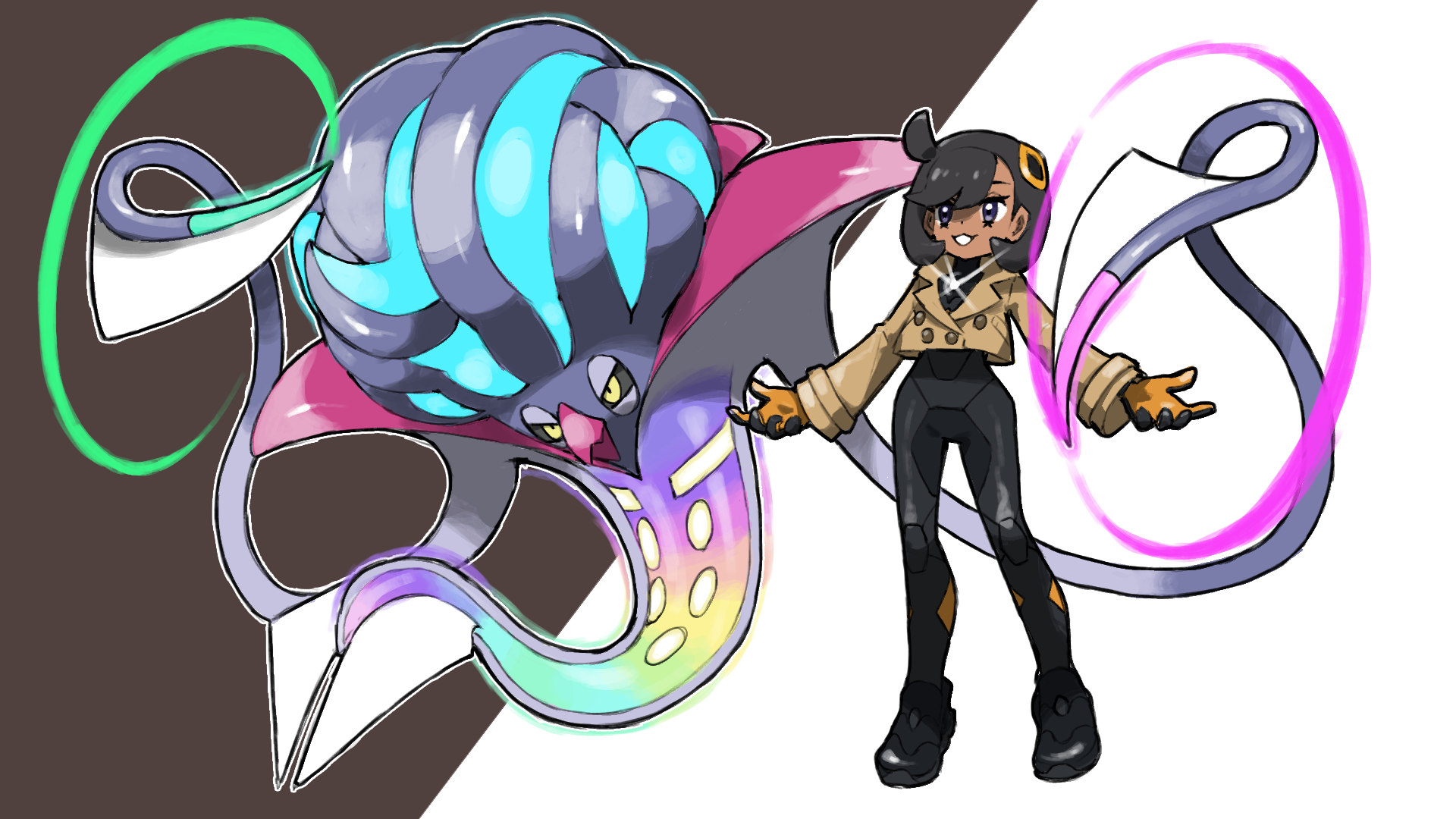 blacknirrow, emma (pokemon), malamar, mega malamar, nintendo, pokemon, pokemon legends: z-a, commentary, highres, 1girl, :3, beak, black bodysuit, black hair, black sclera, bodysuit, brown jacket, closed mouth, colored sclera, dark-skinned female, dark skin, eyelashes, full body, gen 6 pokemon, glint, jacket, long sleeves, mega pokemon, outline, pokemon (creature), purple eyes, short hair, simple background, smile, standing, tentacles, two-tone background, white outline, yellow eyes