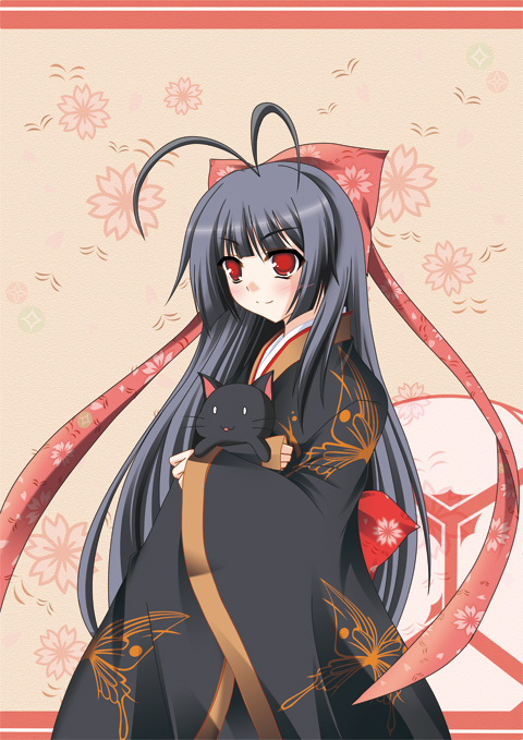 a flow, nue (tayutama), tayutama, bad id, bad pixiv id, 00s, antenna hair, black hair, blunt bangs, blush, cherry blossoms, hair ribbon, hime cut, japanese clothes, kimono, long hair, red eyes, ribbon, solo