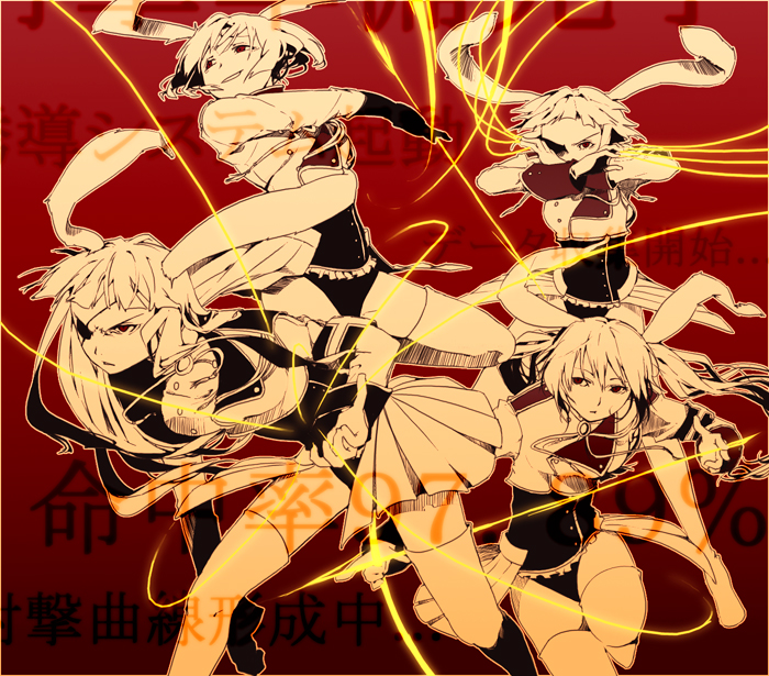 35, chiester00, chiester410, chiester45, chiester556, chiester sisters, umineko no naku koro ni, 00s, 4girls, animal ears, eyepatch, legs, monochrome, multiple girls, orange theme, rabbit ears, red background, showgirl skirt
