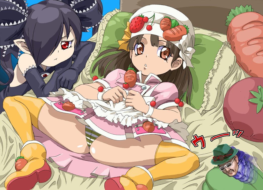 jaga note, backbeako (torotei), hiiragi mine, cooking idol ai! mai! main!, gegege no kitarou, original, bad id, bad pixiv id, 2girls, bed, black hair, brown eyes, brown hair, crossover, elbow gloves, food, fruit, gloves, loli, lying, multiple girls, panties, pantyshot, red eyes, spread legs, striped clothes, striped panties, thighhighs, underwear, vegetable