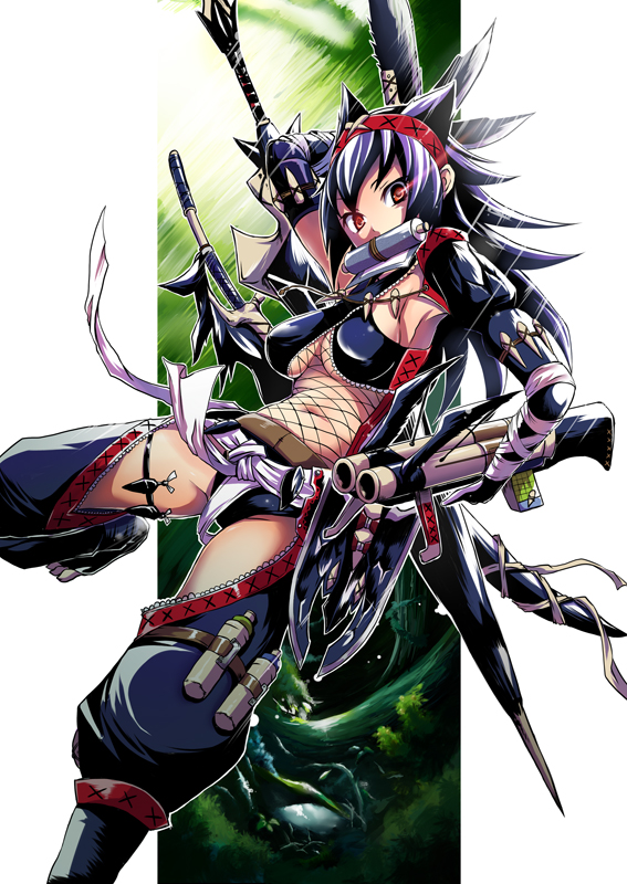 pochi (pochi-goya), capcom, monster hunter (series), 1girl, arrow (projectile), black hair, bow, bow (weapon), female focus, fishnets, gun, midriff, nargacuga (armor), navel, red eyes, solo, sword, weapon