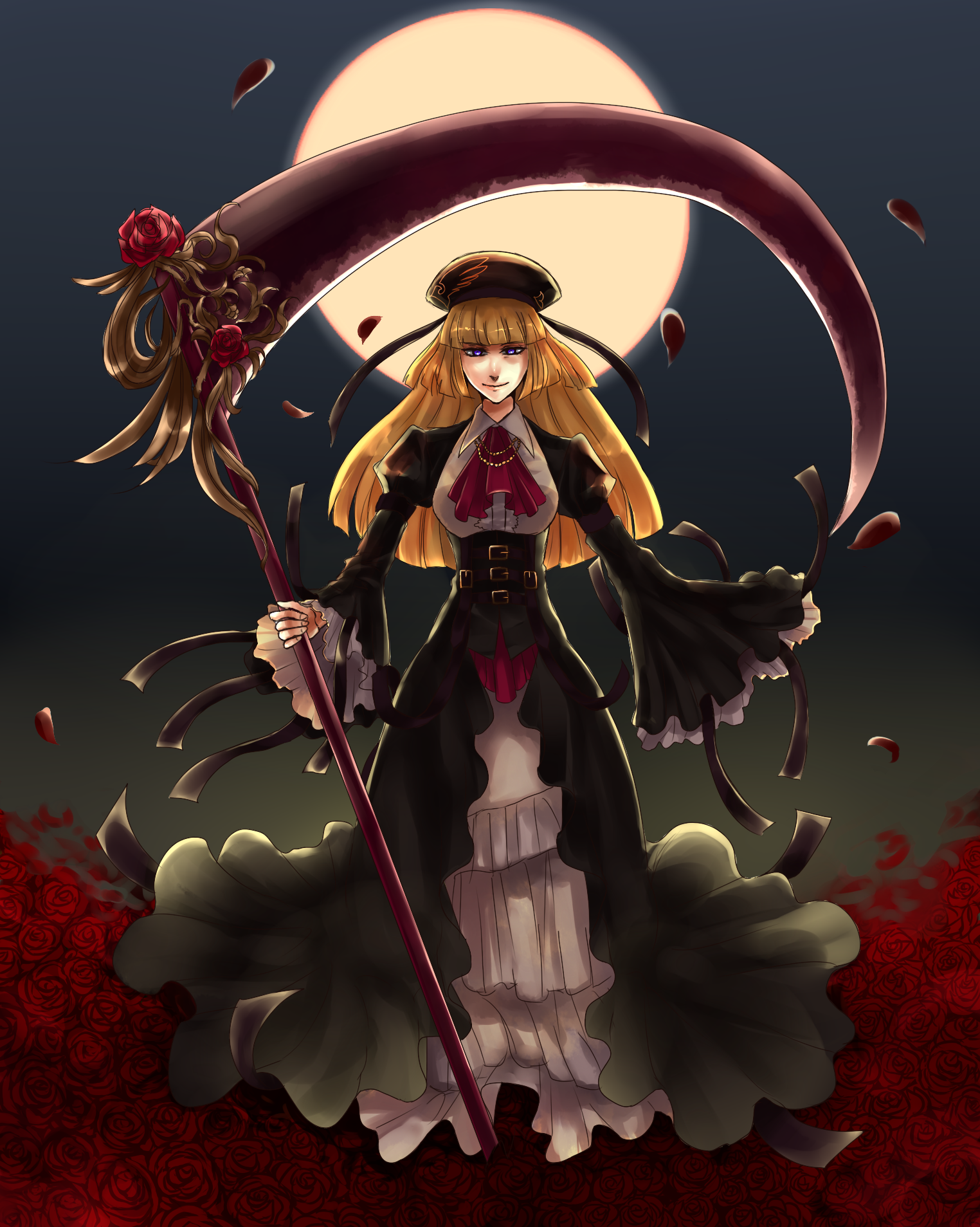 melting scarlet, rosa beatrice, ushiromiya rosa, umineko no naku koro ni, bad id, bad pixiv id, highres, 00s, 1girl, blonde hair, female focus, flower, hat, hime cut, holding, holding scythe, long hair, moon, purple eyes, rose, scythe, solo