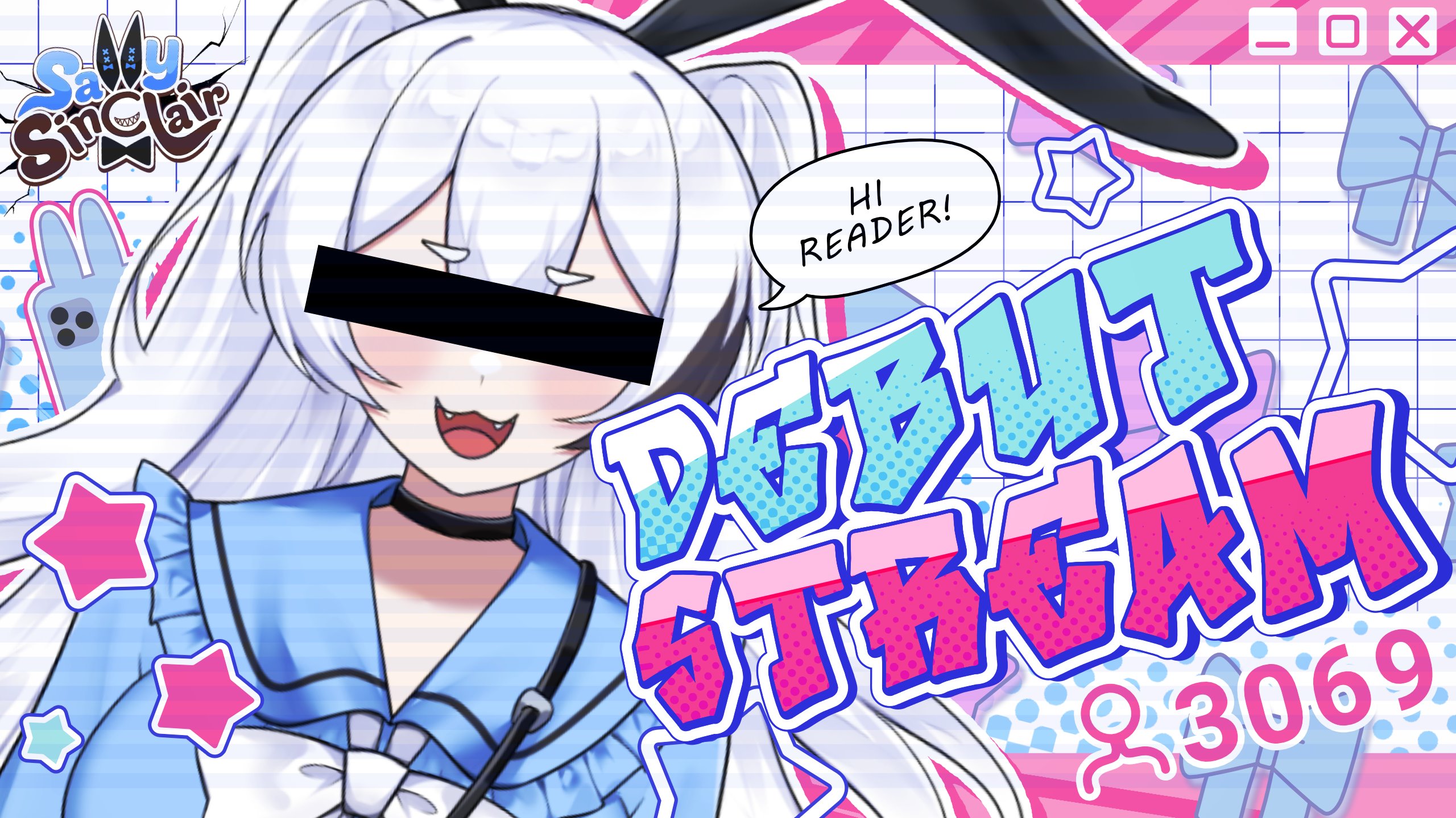 sally sinclair, indie virtual youtuber, commentary, english commentary, highres, second-party source, 1girl, animal ears, black choker, black streaks, blue shirt, breasts, censored, censored identity, character name, choker, double-parted bangs, english text, facing viewer, fake animal ears, long hair, multicolored hair, open mouth, rabbit ears, shirt, single hair streak, smile, solo, speech bubble, star (symbol), streaked hair, virtual youtuber, white hair, yuma yukino
