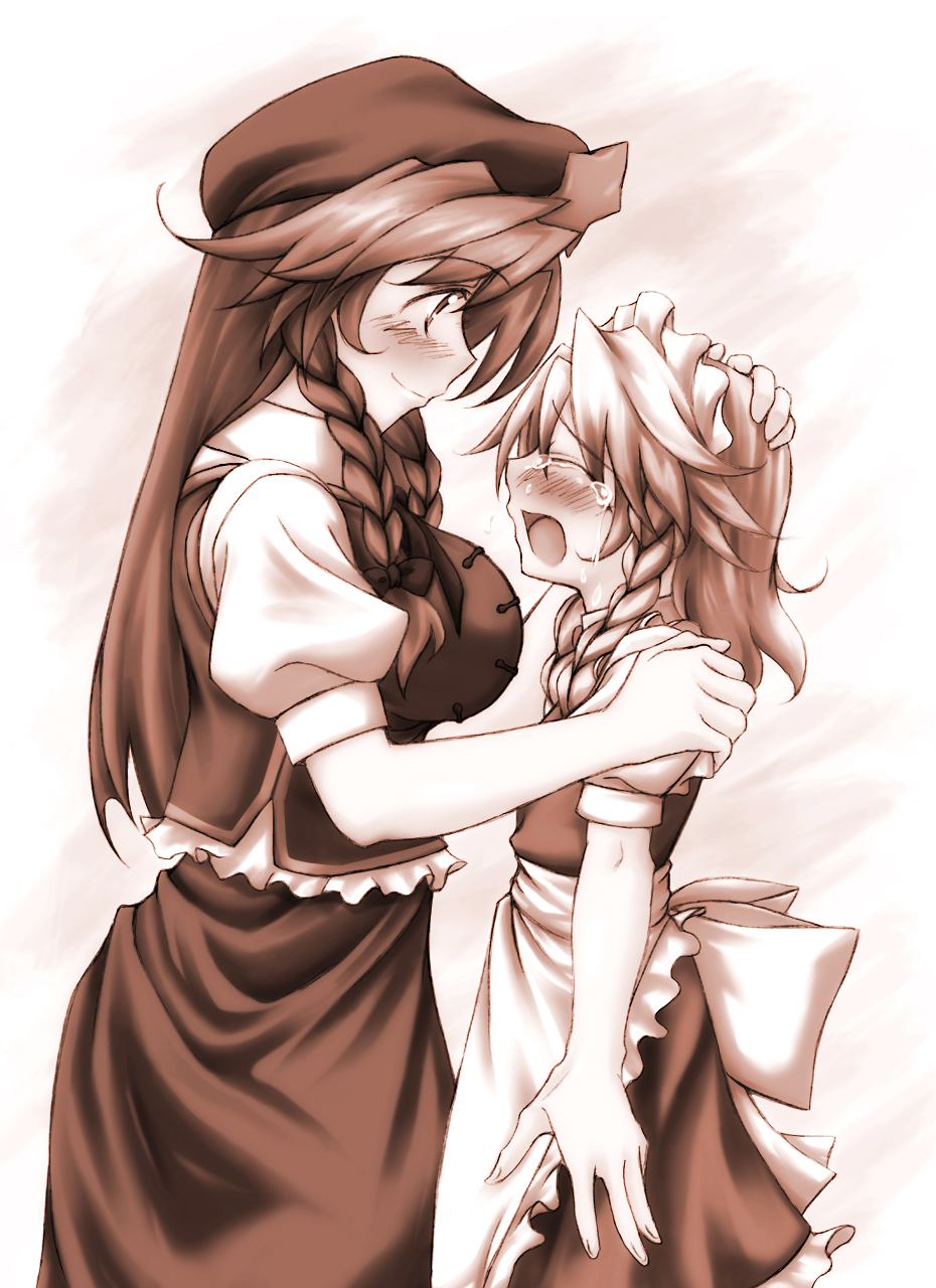 lozelia, hong meiling, izayoi sakuya, embodiment of scarlet devil, touhou, highres, 2girls, aged down, blush, child, closed eyes, crying, female focus, multiple girls, tears