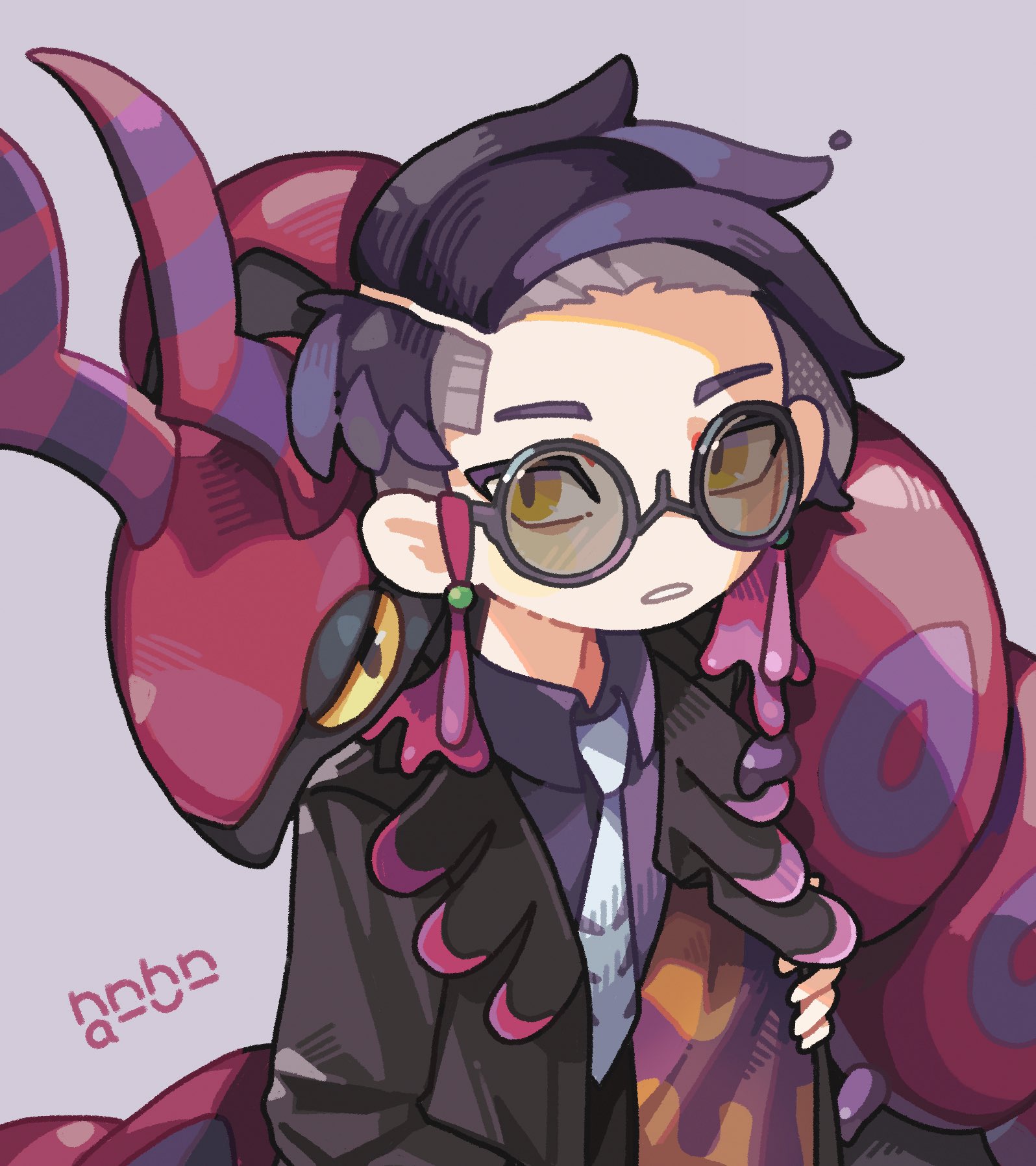 tabunnanhun, corbeau (pokemon), scolipede, nintendo, pokemon, pokemon legends: z-a, character request, hashtag-only commentary, highres, 1boy, animal, black-framed eyewear, black hair, black jacket, bug, centipede, gen 5 pokemon, glasses, grey background, jacket, long sleeves, male focus, parted lips, pokemon (creature), round eyewear, short hair, signature, simple background, thick eyebrows, upper body, yellow eyes