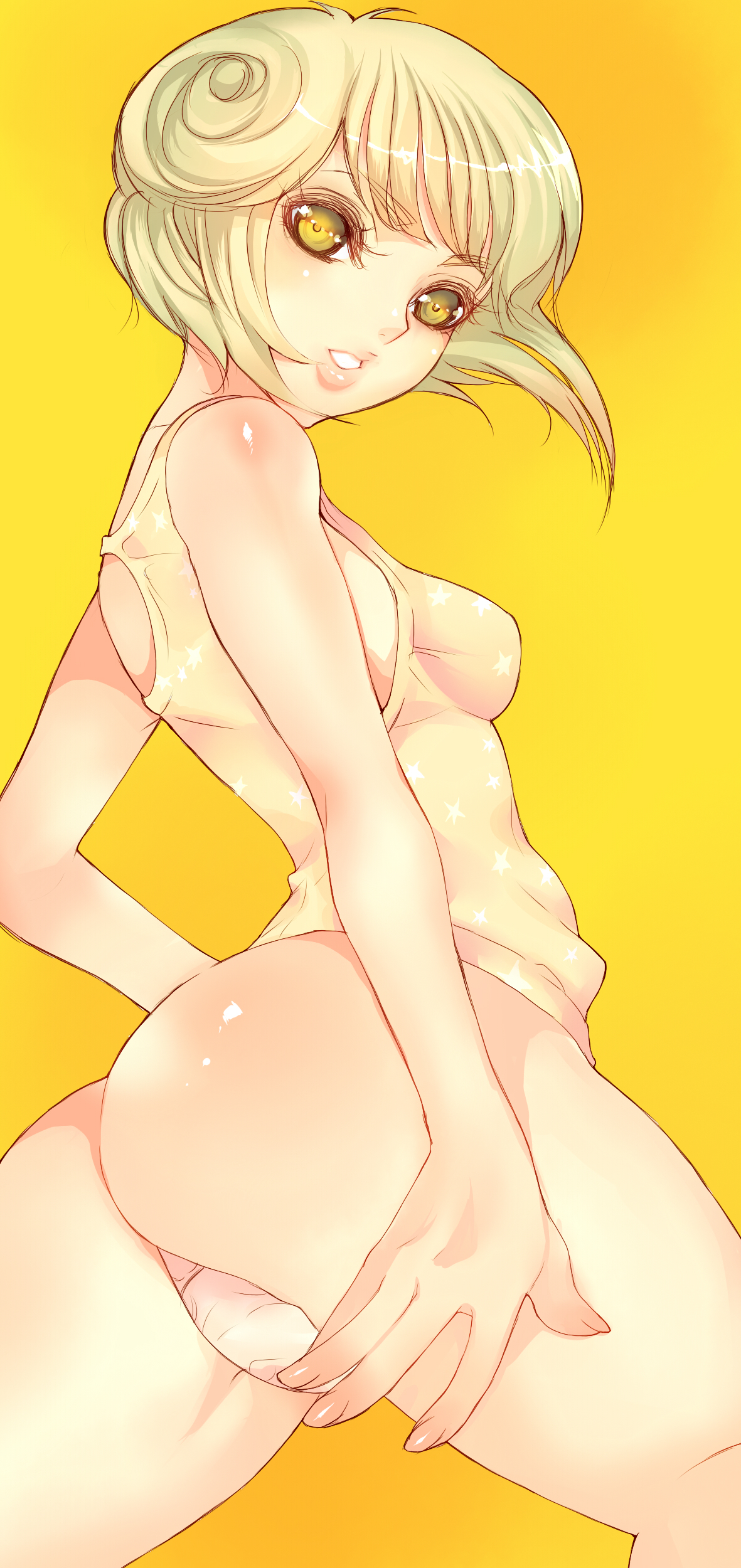 murata tomohide, amano ai, den'ei shoujo, absurdres, highres, long image, tall image, 1girl, ass, blonde hair, breasts, camisole, female focus, gradient background, looking back, panties, pink panties, short hair, solo, star (symbol), star print, underwear, yellow eyes