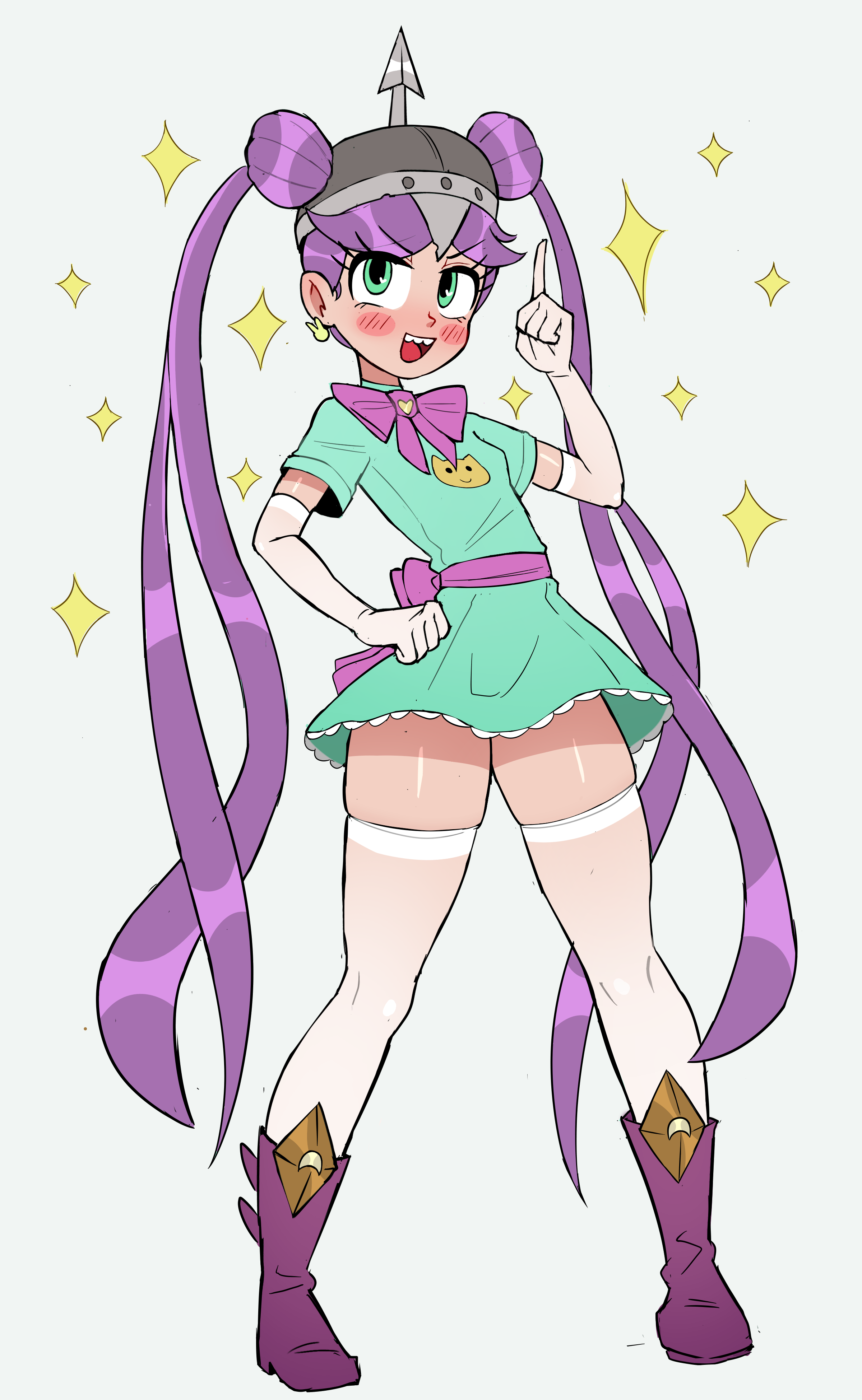 rukisan(pixiv), mina loveberry, disney, star vs the forces of evil, 1girl, animal earrings, animal print, black helmet, blush, boots, bow, cat print, combat helmet, double bun, dress, earrings, gloves, green dress, green eyes, hair bun, hand on own hip, helmet, index finger raised, jewelry, long hair, looking at viewer, magical girl, open mouth, pickelhaube, print dress, purple boots, purple bow, purple hair, rabbit earrings, short sleeves, smile, sparkle, standing, teeth, thighhighs, twintails, white background, white gloves, white thighhighs