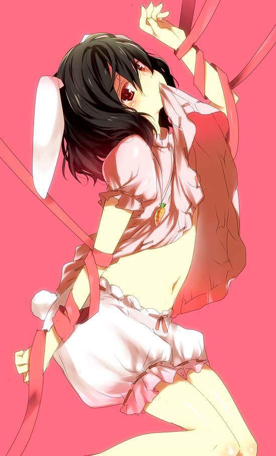 kl (dgzonbi), inaba tewi, touhou, 1girl, animal ears, black hair, bloomers, blush, carrot, carrot necklace, clothes lift, dress, dress lift, female focus, flat chest, jewelry, midriff, mouth hold, navel, necklace, rabbit ears, rabbit girl, rabbit tail, red eyes, short hair, solo, tail, underwear