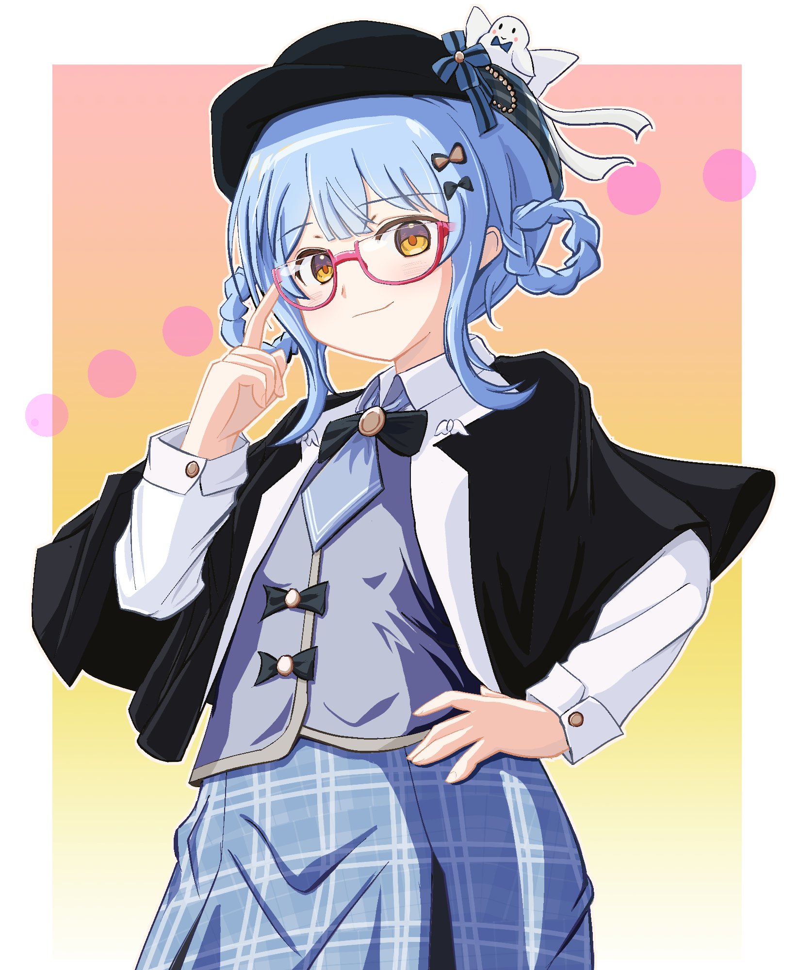 tachibana sherry, mahou shoujo no majo saiban, highres, 1girl, adjusting eyewear, bespectacled, black capelet, black hat, blue hair, blue necktie, blue skirt, border, braid, braided hair rings, capelet, collared shirt, cowboy shot, deerstalker, finger on eyewear, glasses, grey vest, hair rings, hand on own hip, hand up, hat, komugi-chan (soltydogame), long sleeves, looking at viewer, necktie, outside border, plaid clothes, plaid skirt, red-framed eyewear, semi-rimless eyewear, shirt, short hair, skirt, smile, solo, standing, under-rim eyewear, vest, white border, white shirt, yellow eyes