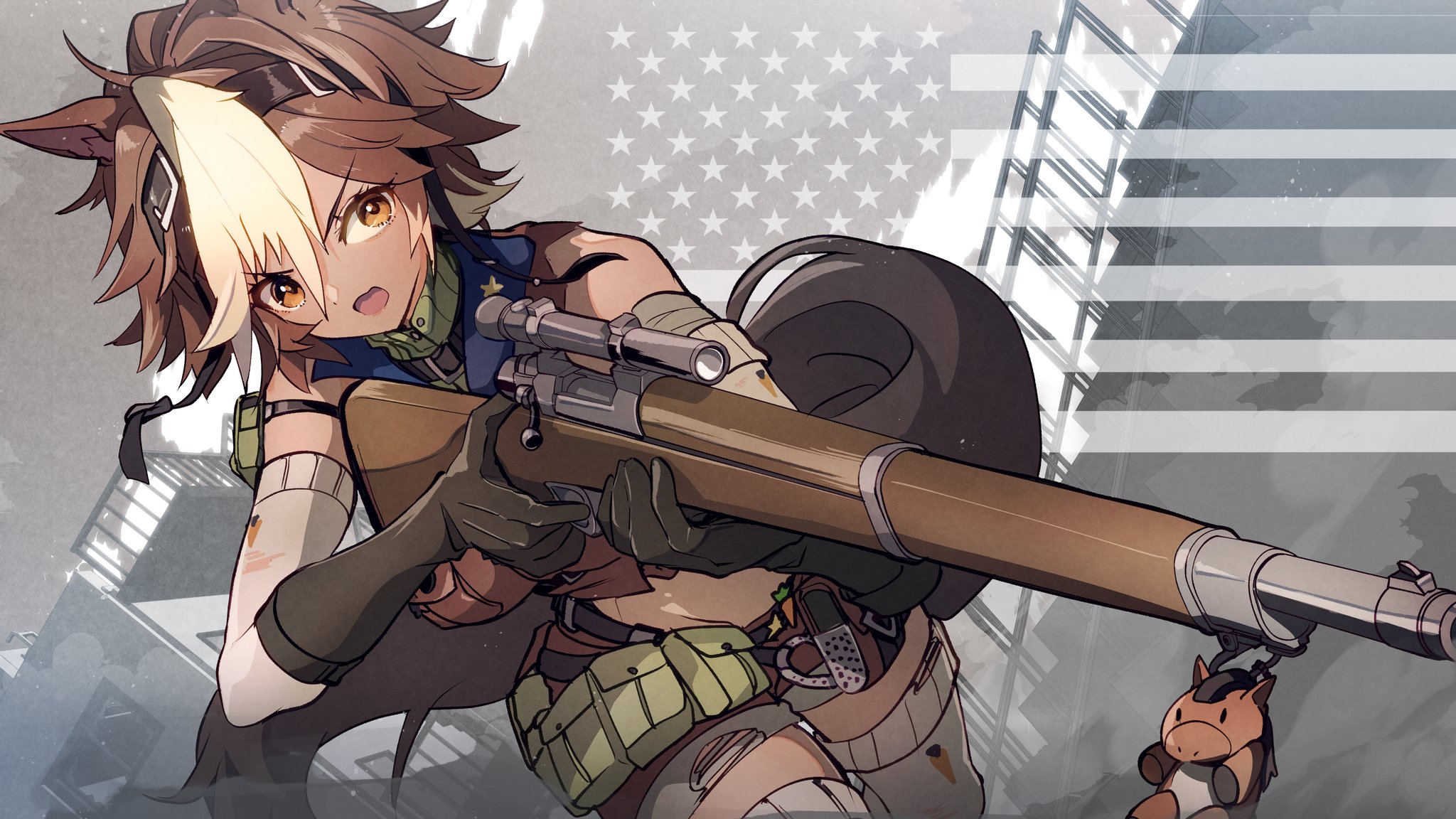 mineta naoki, tomoe umari, indie virtual youtuber, highres, second-party source, 1girl, ahoge, animal ear fluff, animal ears, bolt action, brown eyes, brown hair, gloves, gun, holding, holding gun, holding weapon, horse ears, horse girl, horse tail, m1903 springfield, multicolored hair, open mouth, pouch, rifle, scope, tail, thighhighs, two-tone hair, virtual youtuber, weapon, white hair, white thighhighs