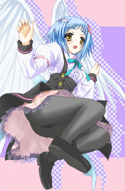 esuurya, takanashi yumina, tayutama, 00s, ass, blue hair, blush, dress, flying, frills, hair ornament, hairpin, lace, panties, panties under pantyhose, pantyhose, short hair, solo, striped clothes, striped panties, underwear, upskirt, waitress, wings, yellow eyes