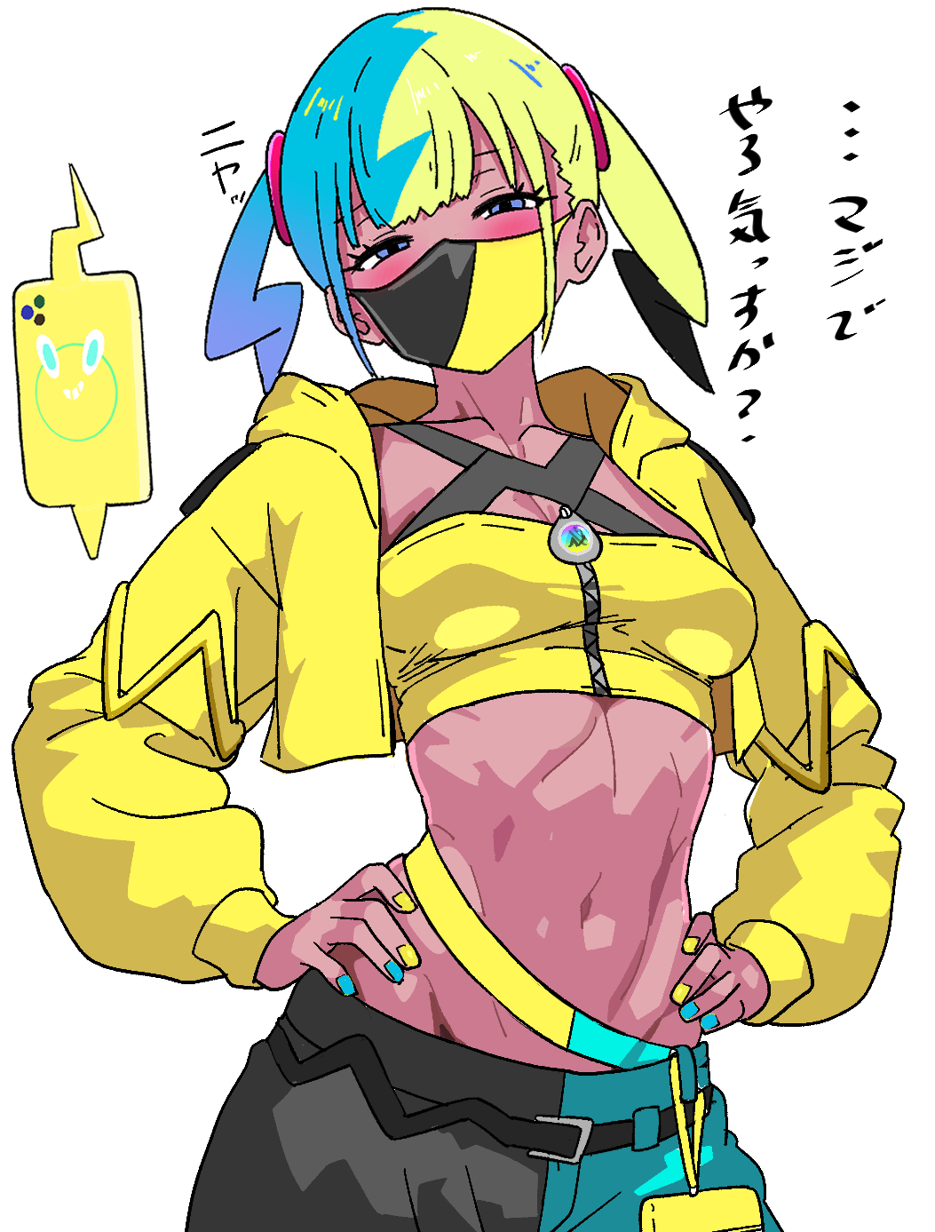 yaki apple, canari (pokemon), rotom, rotom phone, nintendo, pokemon, pokemon legends: z-a, commentary request, highres, translation request, 1girl, black mask, blonde hair, blue hair, blue nails, blush, breasts, criss-cross straps, gen 4 pokemon, hands on own hips, jacket, long sleeves, looking at viewer, mask, mega stone, mouth mask, multicolored hair, multicolored nails, nail polish, open clothes, pants, simple background, small breasts, split-color hair, toned, toned female, twintails, two-tone mask, two-tone pants, white background, yellow jacket, yellow mask, yellow nails, zipper, zipper pull tab