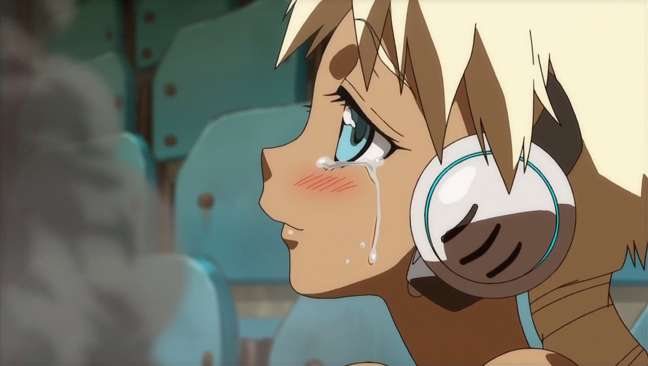 sela d miranda, basquash!, anime screenshot, 00s, blonde hair, blue eyes, blush, close-up, dark-skinned female, dark skin, headphones, smile, solo, tears