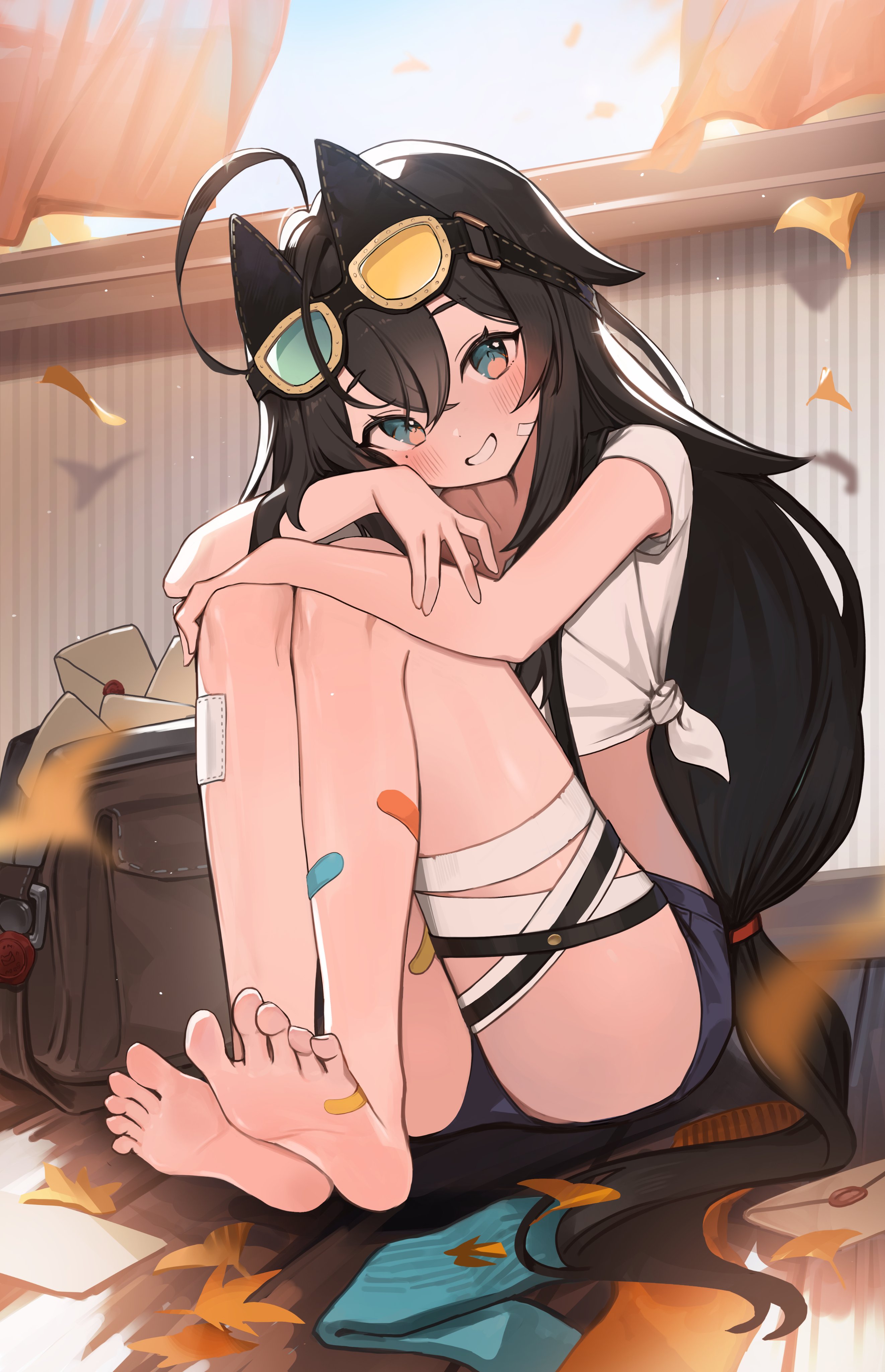 seorang, teresa (stella sora), stella sora, absurdres, highres, 1girl, ahoge, bandaid, bandaid on leg, bare arms, barefoot, black hair, black shorts, blue eyes, crop top, feet, goggles, goggles on head, grin, knees up, long hair, looking at viewer, low-tied long hair, midriff, mole, mole under eye, shirt, short shorts, short sleeves, shorts, side-tie shirt, sitting, smile, soles, solo, thigh strap, thighs, toes, very long hair, white shirt