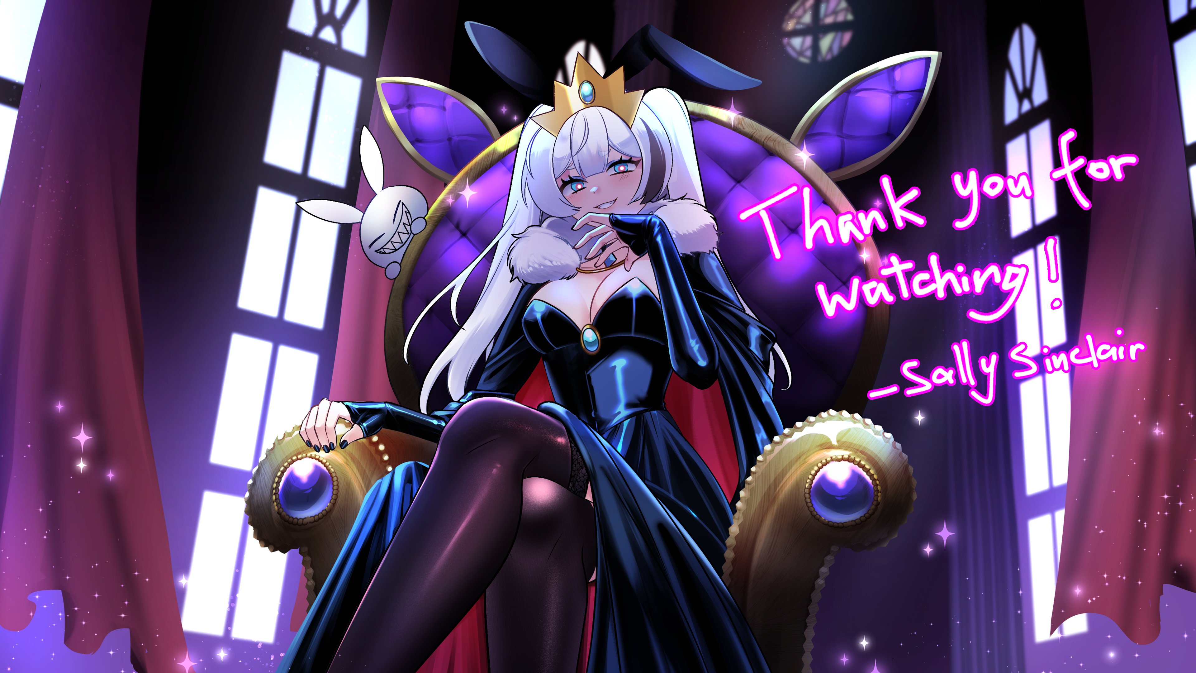 ryuuxin, sally sinclair, indie virtual youtuber, absurdres, commentary, hashtag-only commentary, highres, second-party source, 1girl, animal ears, black cape, black choker, black dress, black nails, black streaks, black thighhighs, blue eyes, breasts, bright pupils, cape, character name, choker, cleavage, cowboy shot, crossed legs, crown, curtains, double-parted bangs, dress, english text, fake animal ears, fingernails, fur-trimmed cape, fur trim, grin, hand up, indoors, long hair, long sleeves, looking at viewer, medium breasts, multicolored hair, nail polish, rabbit ears, single hair streak, sitting, sitting on throne, sleeves past wrists, smile, solo, streaked hair, thighhighs, throne, virtual youtuber, white hair, white pupils