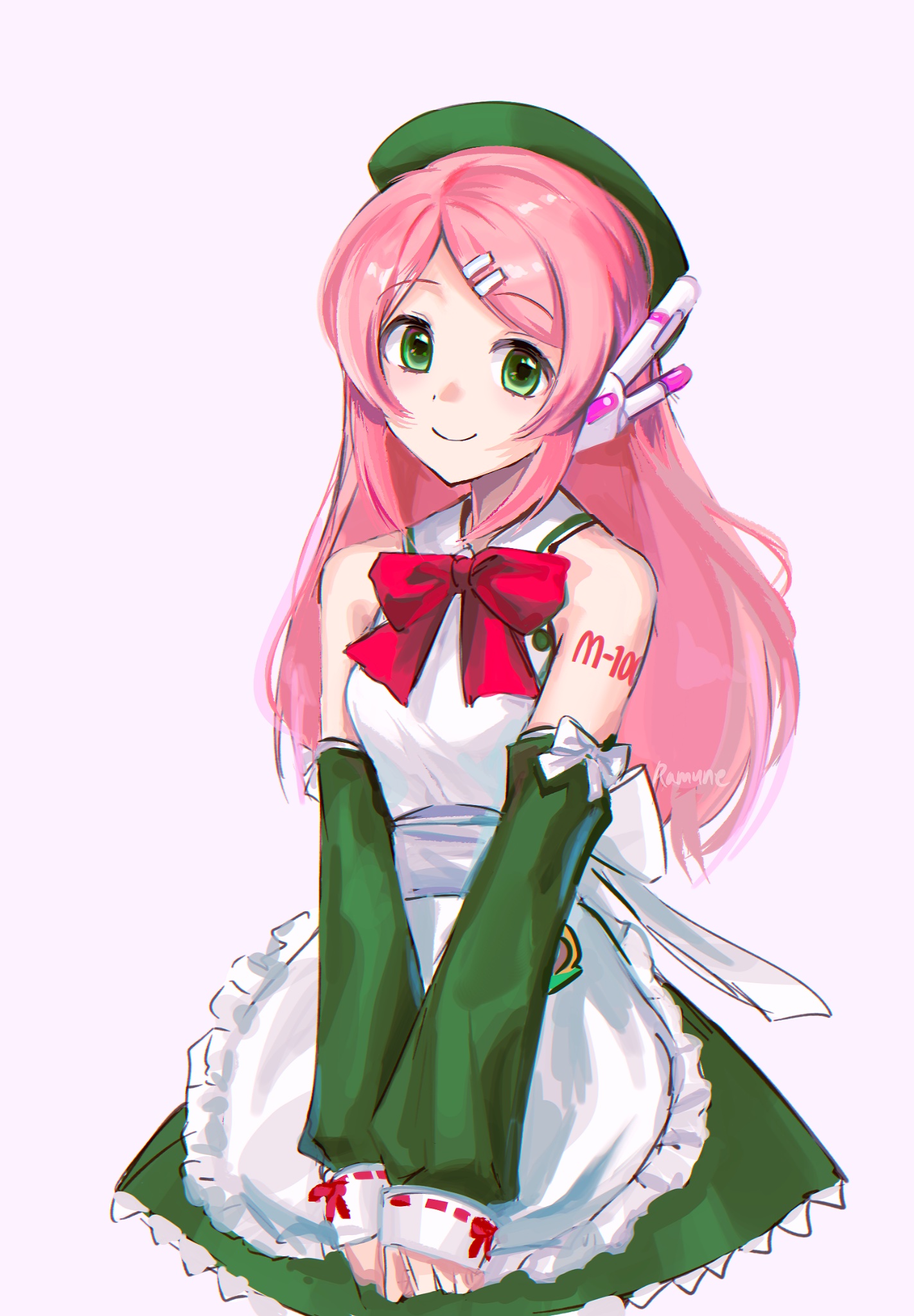 ramune55ni, momone momo, utau, hashtag-only commentary, highres, 1girl, apron, bare shoulders, beret, bow, bowtie, breasts, chromatic aberration, closed mouth, collared shirt, cowboy shot, detached sleeves, frilled apron, frilled skirt, frills, green eyes, green hat, green skirt, green sleeves, hair ornament, hat, long hair, long sleeves, looking at viewer, miniskirt, number tattoo, pink hair, puffy long sleeves, puffy sleeves, purple background, red bow, red bowtie, shirt, shoulder tattoo, sidelocks, simple background, skirt, sleeve bow, sleeveless, sleeveless shirt, sleeves past wrists, small breasts, smile, solo, standing, swept bangs, tattoo, v arms, waist apron, white apron, white bow, white shirt