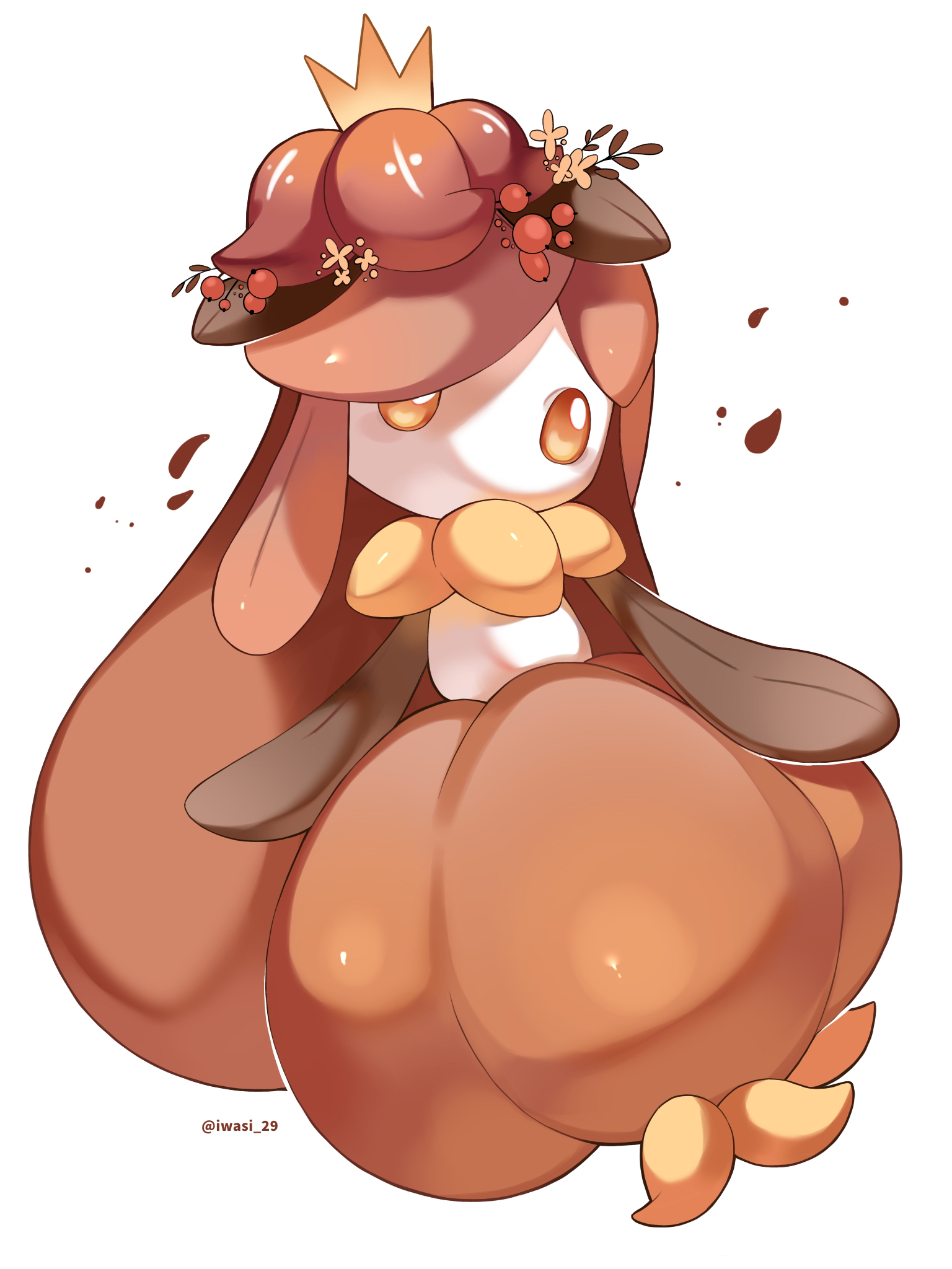 iwasi 29, lilligant, nintendo, pokemon, commentary request, highres, brown hair, crown, full body, gen 5 pokemon, long hair, orange eyes, pokemon (creature), simple background, solo, twitter username, white background
