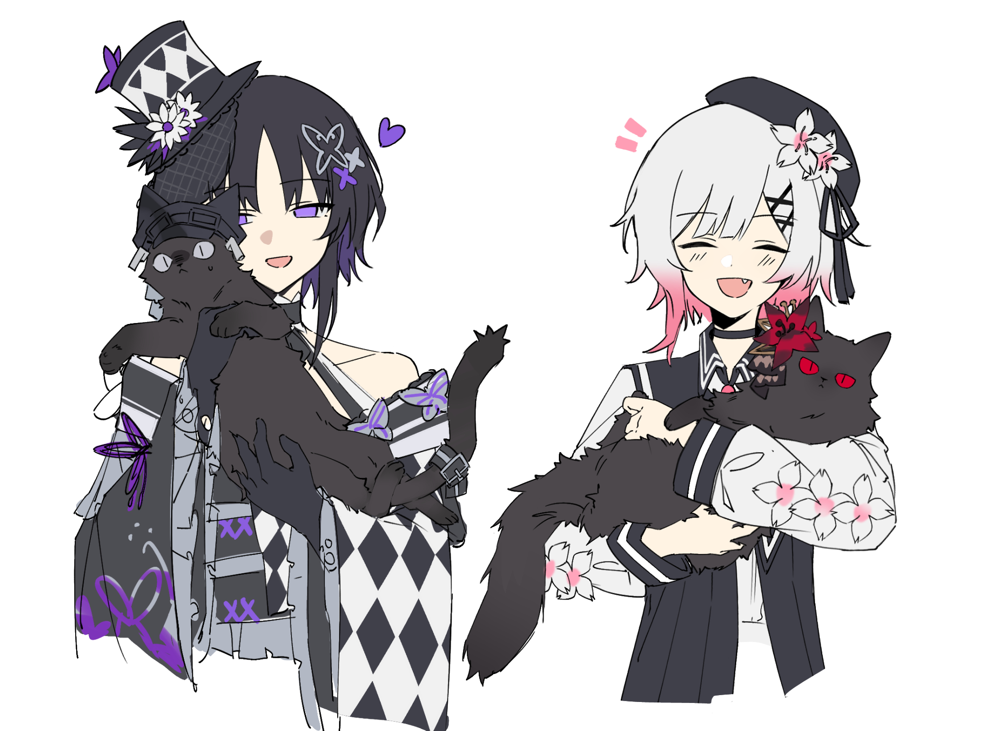 wuubaiwan, housho margo, nikaido hiro, sakuraba ema, mahou shoujo no majo saiban, highres, 2girls, :d, animal, animalization, annoyed, bare shoulders, beret, black cat, black gloves, black hair, black hat, butterfly hair ornament, cat, closed eyes, fang, gloves, gradient hair, grey eyes, hair ornament, hat, holding, holding animal, holding cat, japanese clothes, kurobe nanoka, lolita fashion, long sleeves, multicolored hair, multiple girls, notice lines, open mouth, parted bangs, pink hair, purple eyes, red eyes, short hair, simple background, smile, top hat, upper body, wa lolita, white background, white hair, x hair ornament