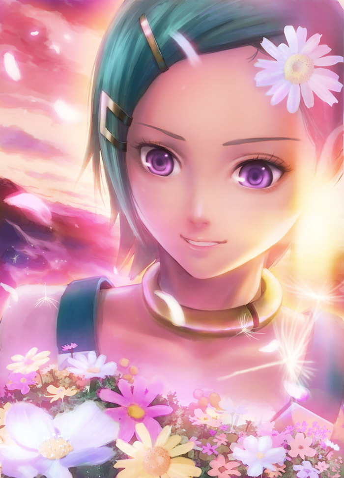 zhenlin, eureka (eureka seven), eureka seven, eureka seven (series), 00s, 1girl, evening, female focus, flower, green hair, hair flower, hair ornament, hairclip, petals, purple eyes, short hair, smile, solo