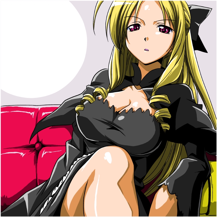 segawa haruna, tennousu athena, hayate no gotoku!, 00s, blonde hair, bow, breasts, cleavage, drill hair, hair bow, large breasts, long hair, red eyes, sitting, solo