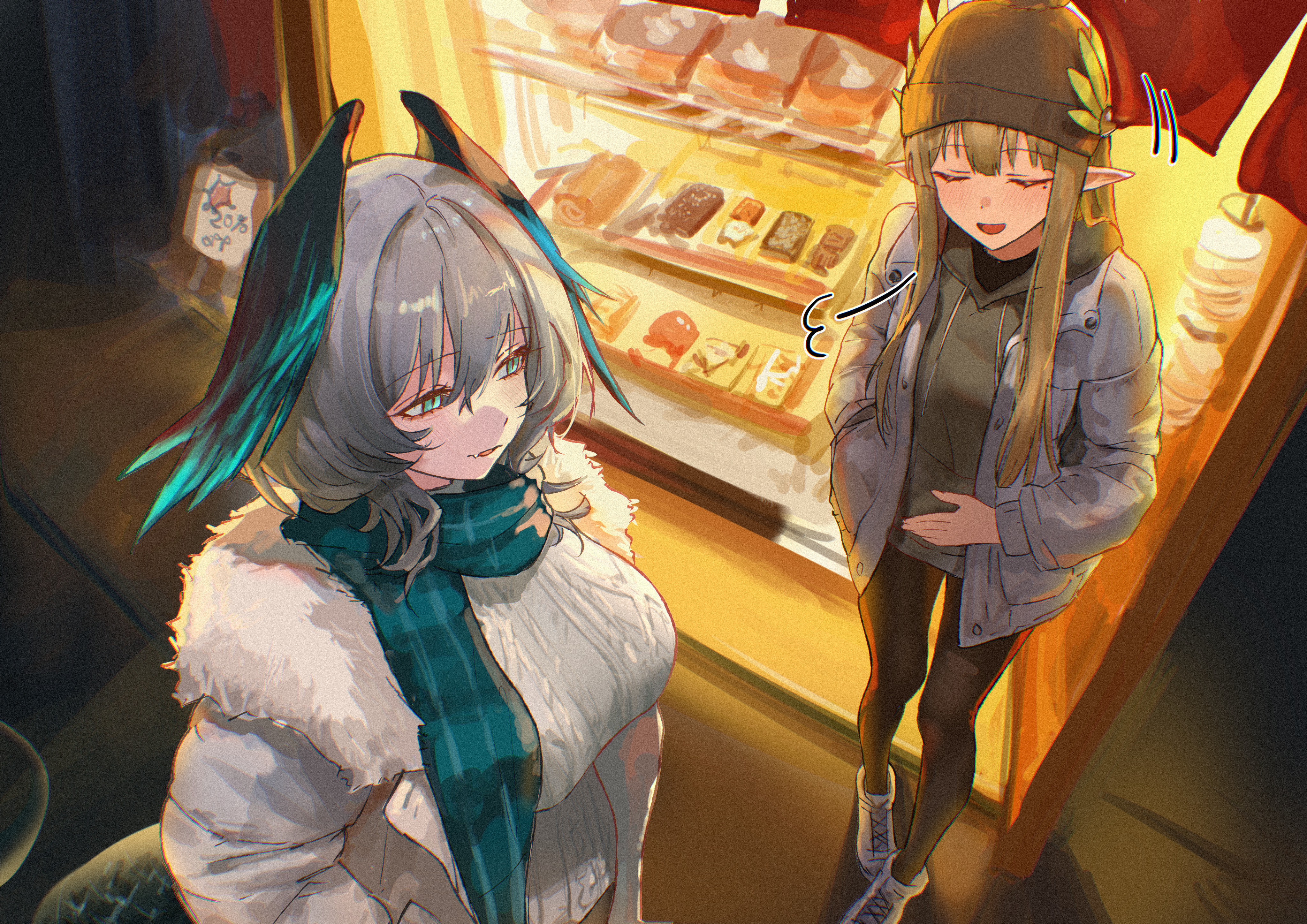 uof, ho'olheyak (arknights), muelsyse (arknights), arknights, absurdres, commentary, commentary request, english commentary, highres, mixed-language commentary, partial commentary, revision, textless version, 2girls, alternate costume, aqua eyes, beanie, black gloves, black hat, black pantyhose, blue scarf, brown hair, closed eyes, coat, feathered wings, gloves, grey hair, hair between eyes, hand on own stomach, hat, head wings, hood, hoodie, jacket, long hair, long sleeves, medium hair, mole, mole under eye, multiple girls, open clothes, open coat, open jacket, pantyhose, pointy ears, scarf, slit pupils, speech bubble, sweater, tail, white coat, white jacket, white sweater, wings, winter clothes