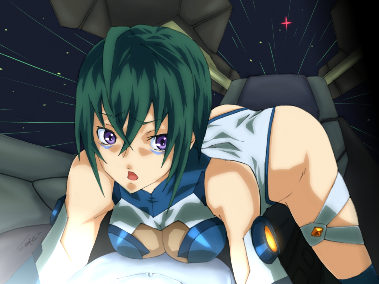 himemura saki, kannagi itsuki, sora wo kakeru shoujo, 00s, 1girl, bent over, breasts, cleavage, female focus, green hair, large breasts, leotard, purple eyes, solo