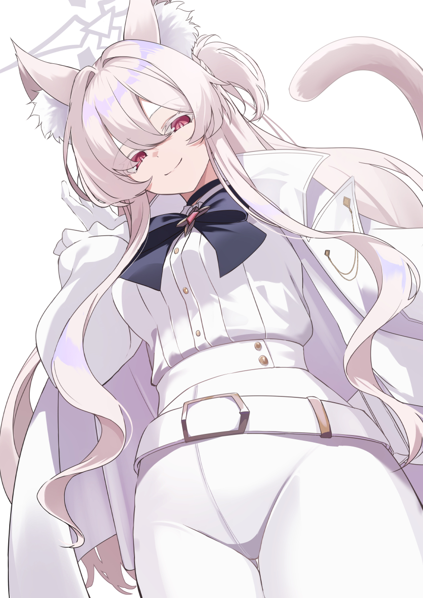 neko daruma, akira (blue archive), blue archive, highres, 1girl, animal ear fluff, animal ears, black bow, black choker, bow, cat ears, cat girl, cat tail, choker, closed mouth, gloves, grey halo, hair between eyes, half updo, halo, jacket, jacket on shoulders, long hair, looking at viewer, pants, pink hair, red eyes, shirt, sidelocks, smile, solo, tail, white gloves, white jacket, white pants, white shirt