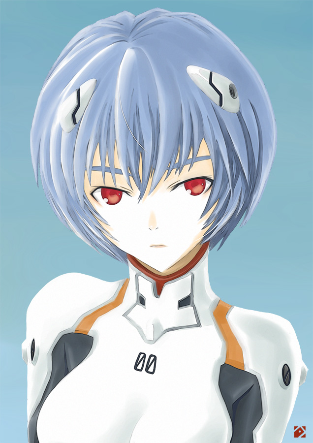 ichiban hoshi, ayanami rei, neon genesis evangelion, blue hair, mecha pilot suit, plugsuit (evangelion), red eyes, short hair, solo