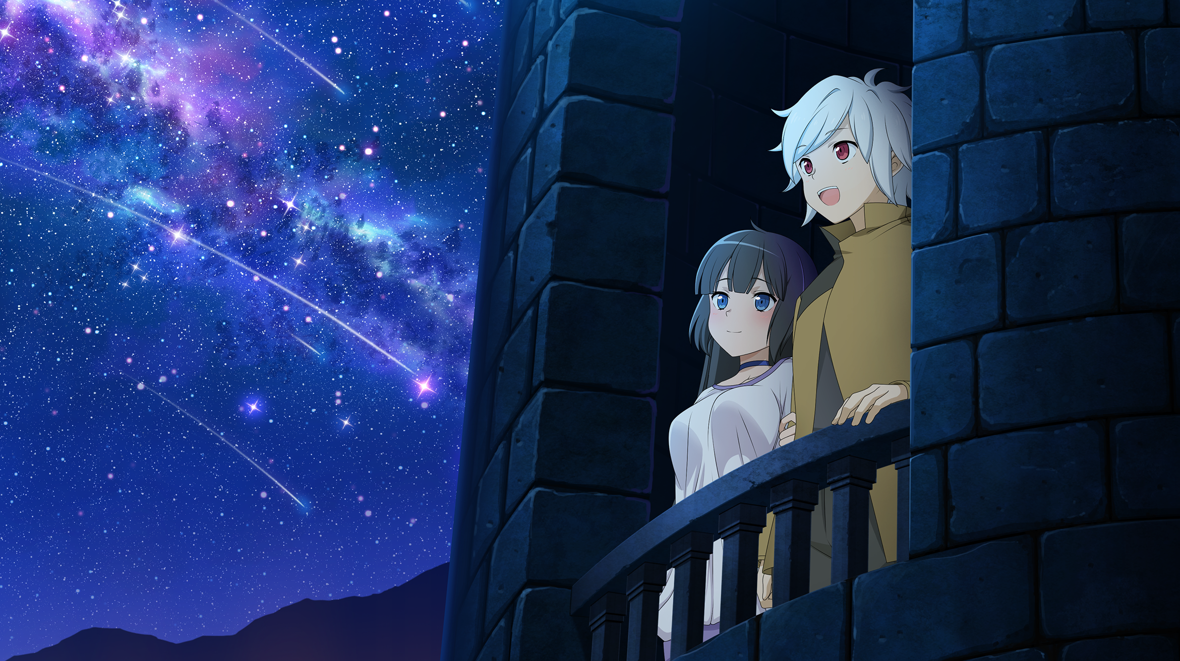 bell cranel, hestia (danmachi), danmachi battle chronicle, dungeon ni deai wo motomeru no wa machigatteiru darou ka, game cg, highres, non-web source, official art, 1boy, 1girl, :d, anime coloring, black hair, black pants, blue choker, blue eyes, blunt bangs, breasts, brick wall, brown jacket, choker, closed mouth, hand on railing, jacket, long hair, looking afar, looking ahead, medium breasts, night, night sky, official alternate costume, official alternate hairstyle, open mouth, pants, red eyes, shirt, shooting star, short hair, sky, smile, star (sky), starry sky, white hair, white shirt