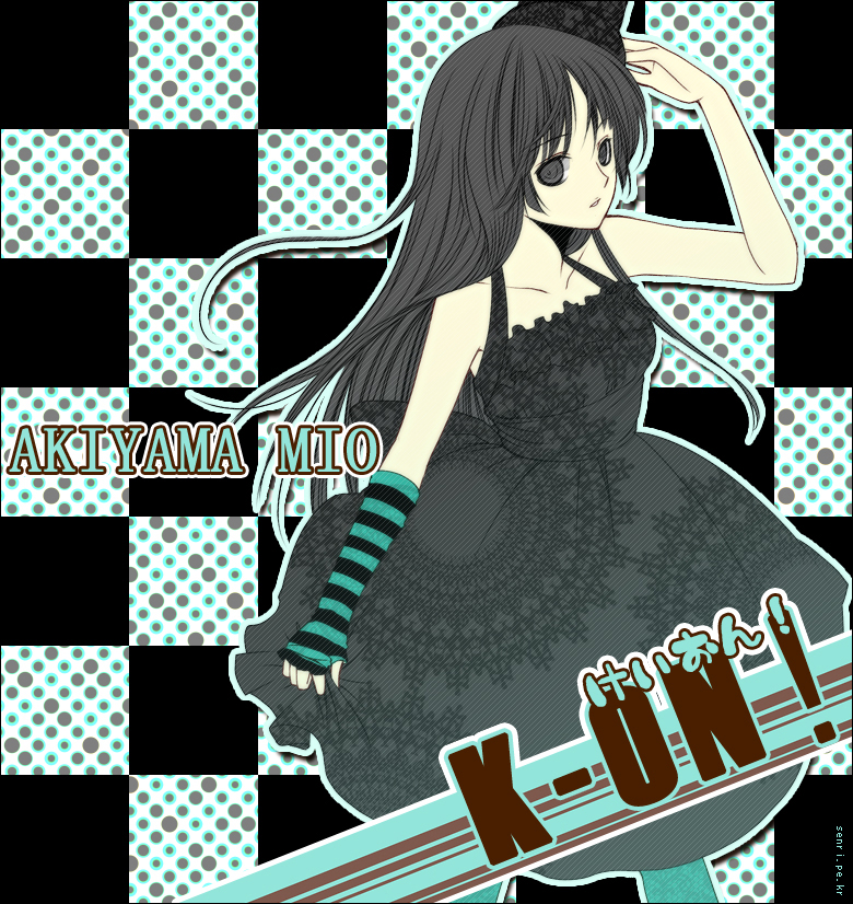 senri (nazerine), senri (pixiv196380), akiyama mio, don't say "lazy", k-on!, striped, 00s, 1girl, asymmetrical clothes, black eyes, black hair, blue pantyhose, blunt bangs, dress, female focus, gloves, hat, hime cut, long hair, pantyhose, single glove, solo