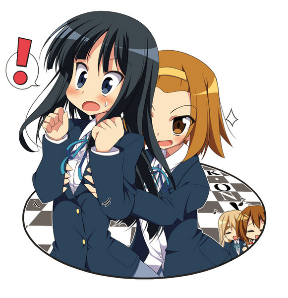 hoppege, akiyama mio, hirasawa yui, kotobuki tsumugi, tainaka ritsu, k-on!, image sample, pixiv sample, resized, !, 00s, 4girls, black eyes, black hair, blush, breasts, brown eyes, brown hair, grabbing another's breast, groping, hairband, hime cut, long hair, multiple girls, school uniform, short hair, surprised