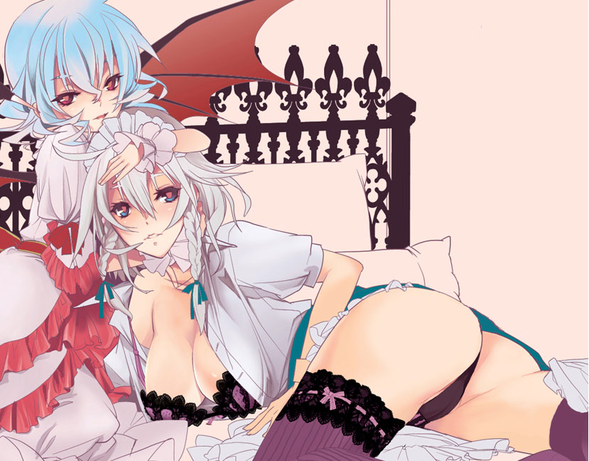 shizumi satou, siskin, izayoi sakuya, remilia scarlet, touhou, silver hair, 2girls, ass, blue hair, bra, braid, breasts, female focus, hairband, large breasts, lingerie, multiple girls, no headwear, panties, ribbon, short hair, thighhighs, twin braids, underwear, wings