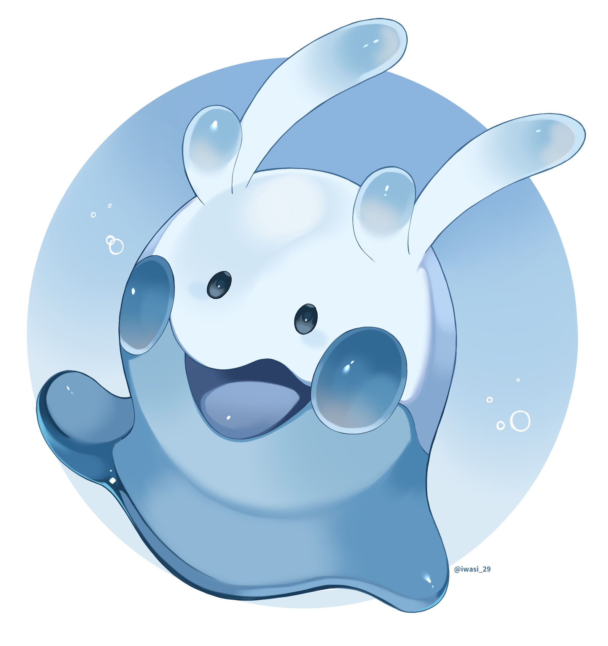 iwasi 29, goomy, nintendo, pokemon, commentary request, highres, blue background, blue eyes, full body, gen 6 pokemon, no humans, open mouth, pokemon (creature), pokemon focus, twitter username