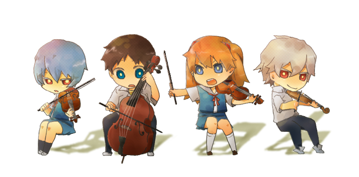 taraku, ayanami rei, ikari shinji, nagisa kaworu, souryuu asuka langley, neon genesis evangelion, silver hair, 2boys, 2girls, blue eyes, blue hair, bow (music), brown hair, cello, chibi, instrument, multiple boys, multiple girls, red eyes, red hair, school uniform, sitting, smile, violin