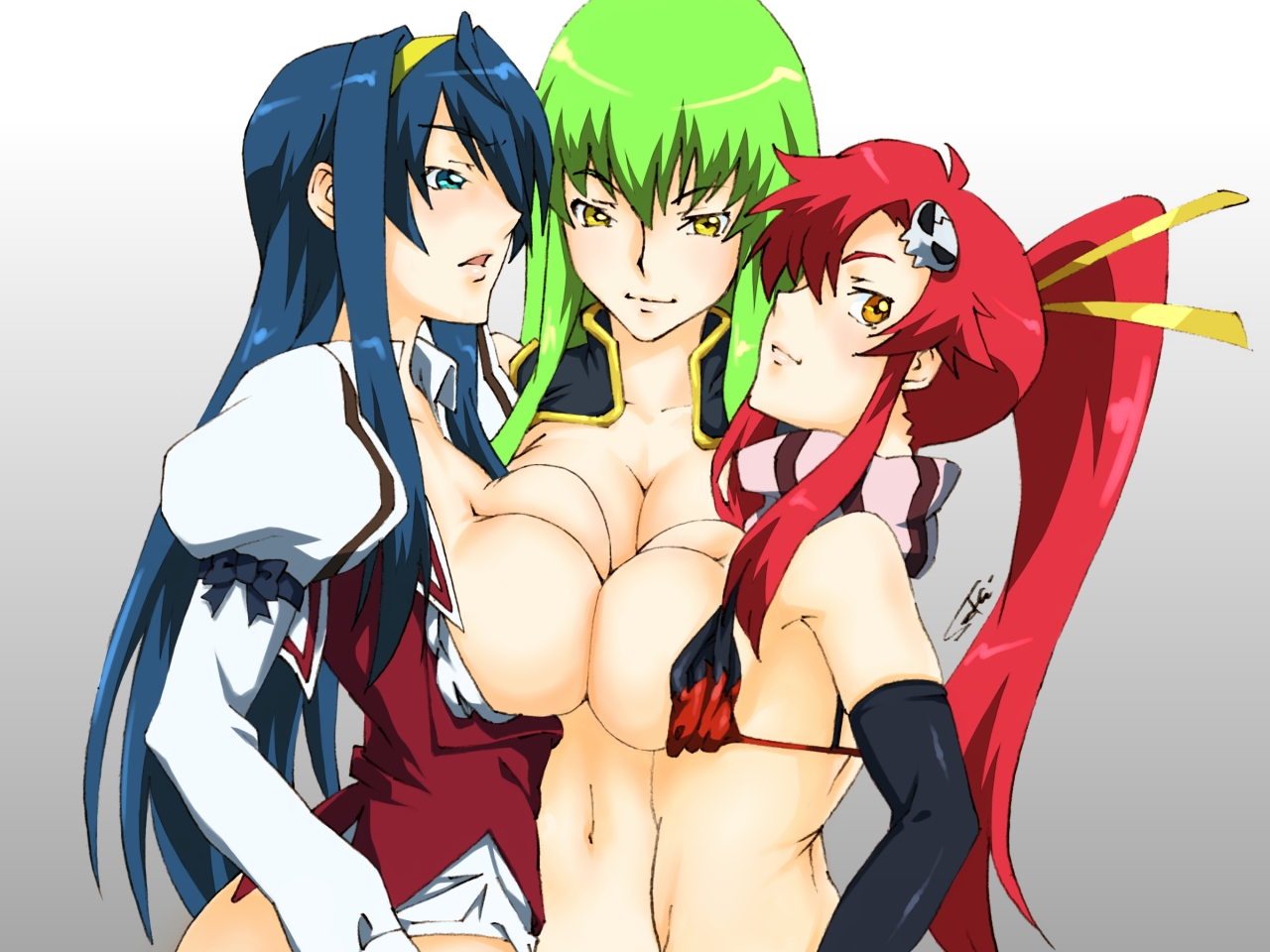 himemura saki, c.c., himemiya chikane, yoko littner, code geass, kannazuki no miko, tengen toppa gurren lagann, bad id, bad pixiv id, 00s, 3girls, blue eyes, blue hair, breast press, breasts, breasts out, crossover, green hair, large breasts, multiple crossover, multiple girls, navel, puffy sleeves, red hair, seductive smile, smile, symmetrical docking, teasing, yellow eyes