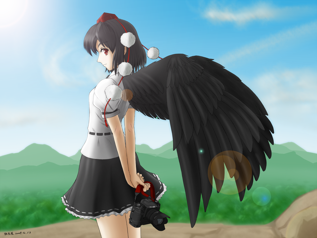 macchaya, shameimaru aya, touhou, 1girl, black hair, black wings, camera, female focus, hat, lens flare, looking at viewer, looking back, red eyes, short hair, skirt, smile, solo, wings