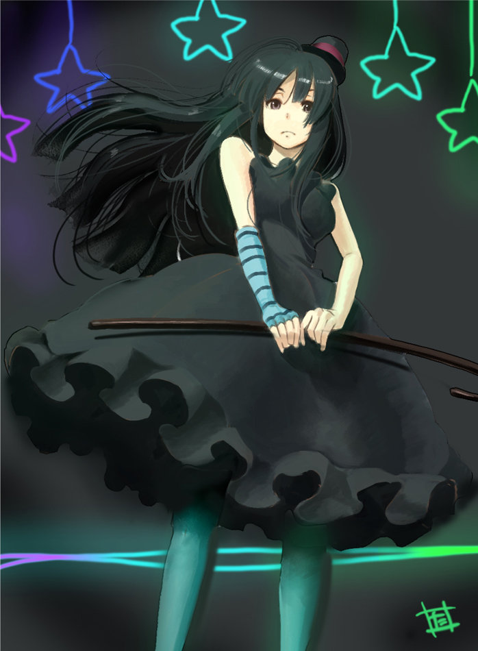 isshiki tarou, akiyama mio, don't say "lazy", k-on!, striped, 00s, 1girl, black hair, blue pantyhose, blunt bangs, cane, dress, female focus, hat, hime cut, long hair, mini hat, mini top hat, pantyhose, solo, star (symbol), top hat
